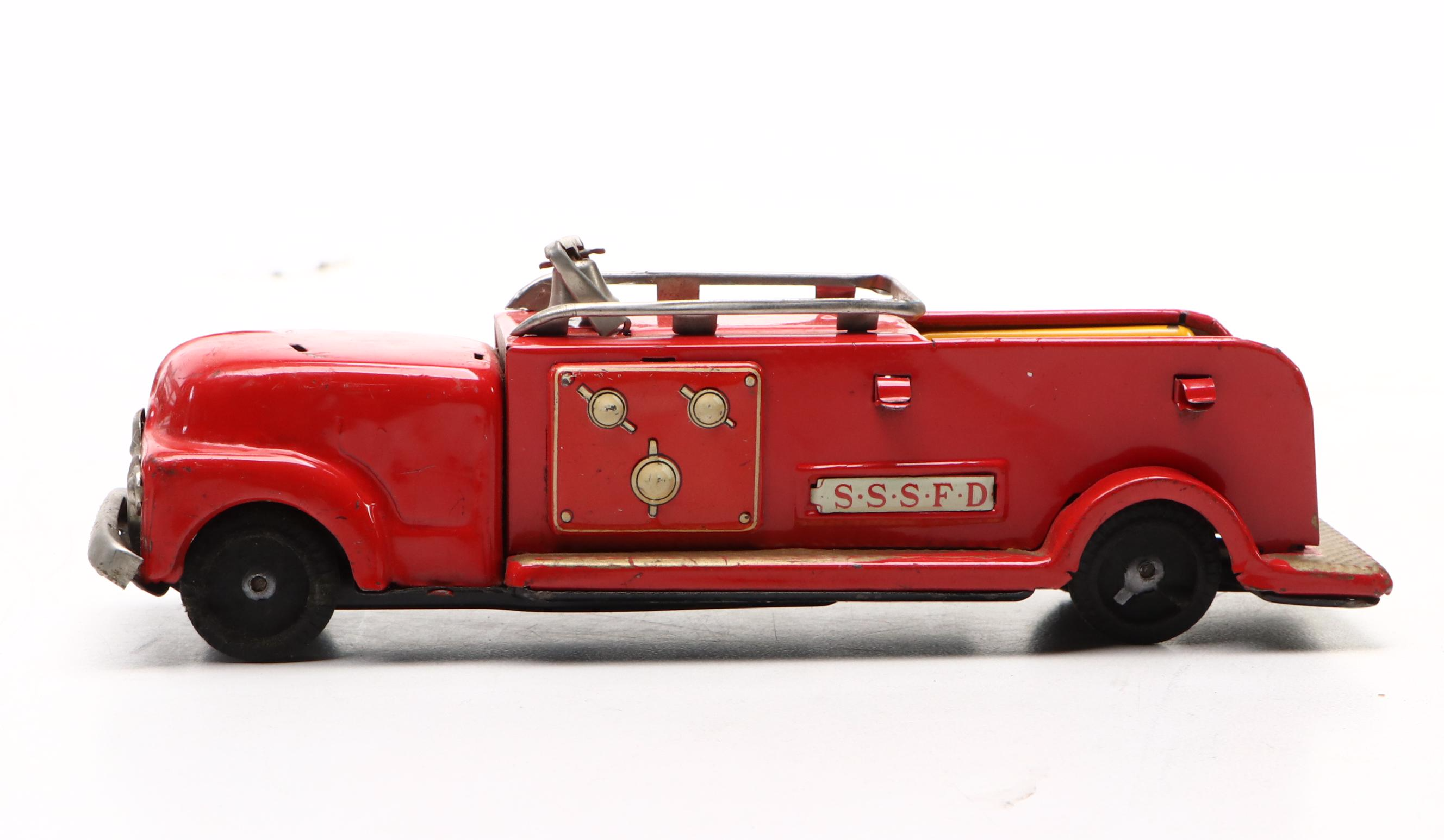 Modern Toys "Pigeon World Line" Toy Bus with Firetrucks, Mid-20th Century