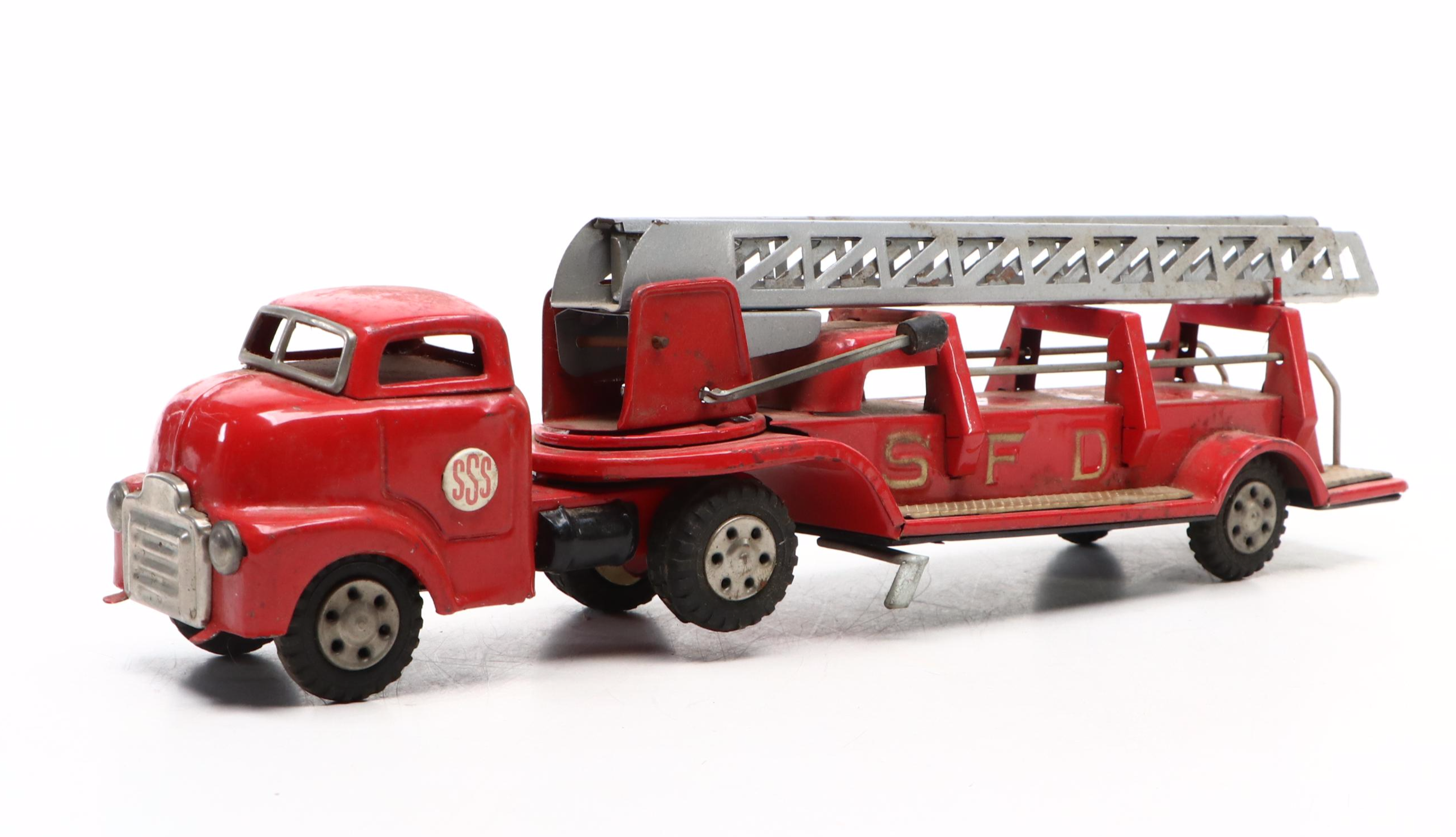 Modern Toys "Pigeon World Line" Toy Bus with Firetrucks, Mid-20th Century