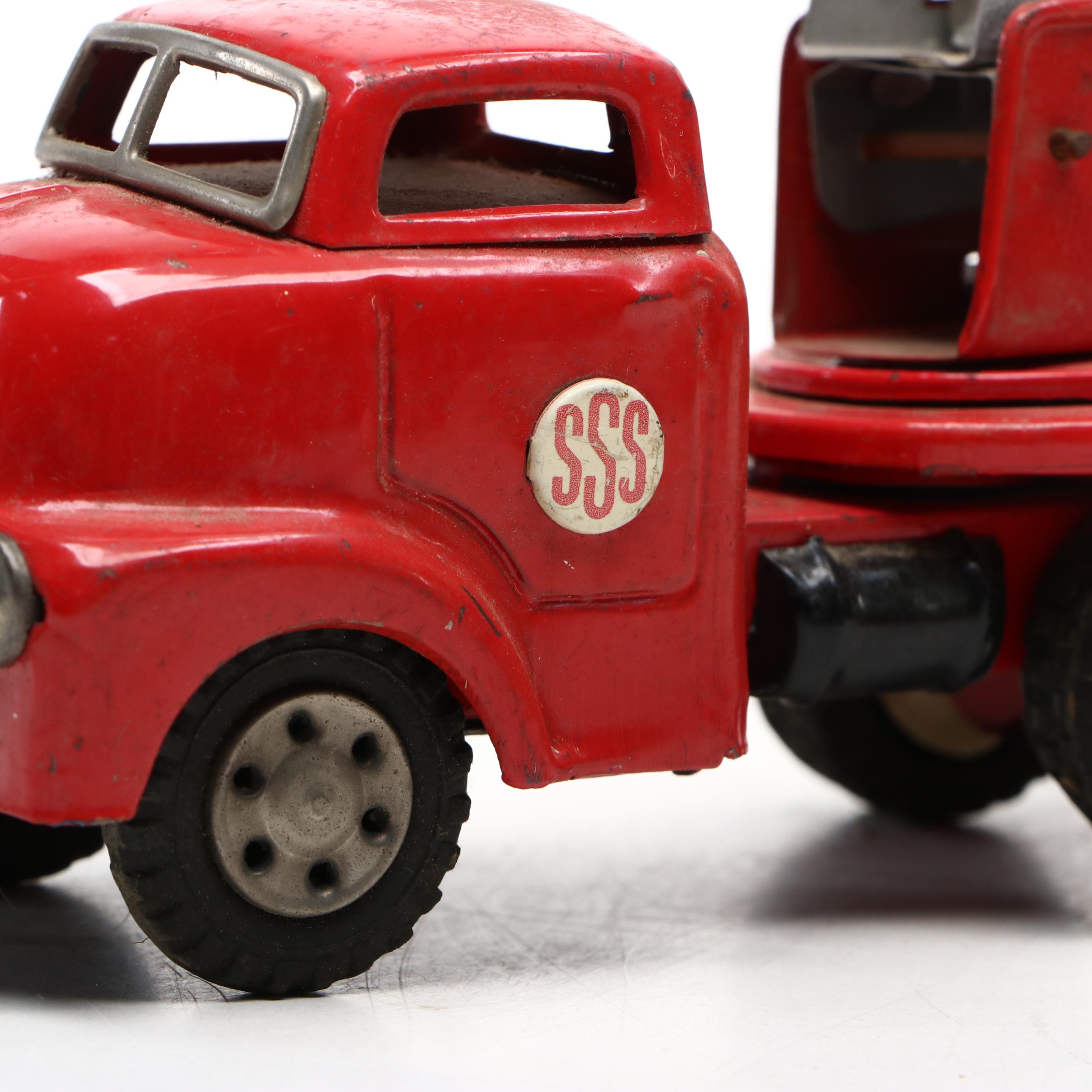 Modern Toys "Pigeon World Line" Toy Bus with Firetrucks, Mid-20th Century