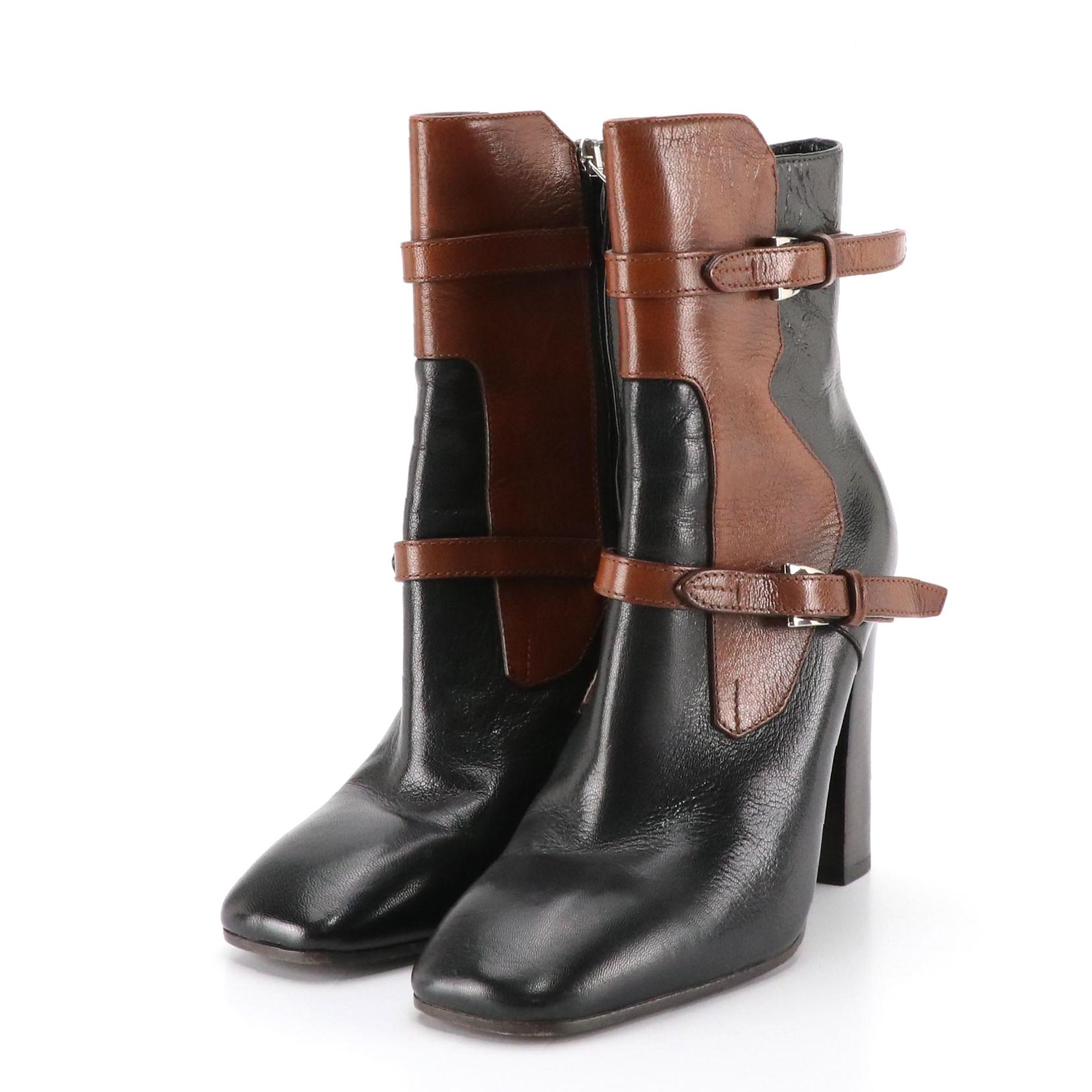 Prada Shiny Two-Tone Leather Ankle Boots with Buckle Strap Details