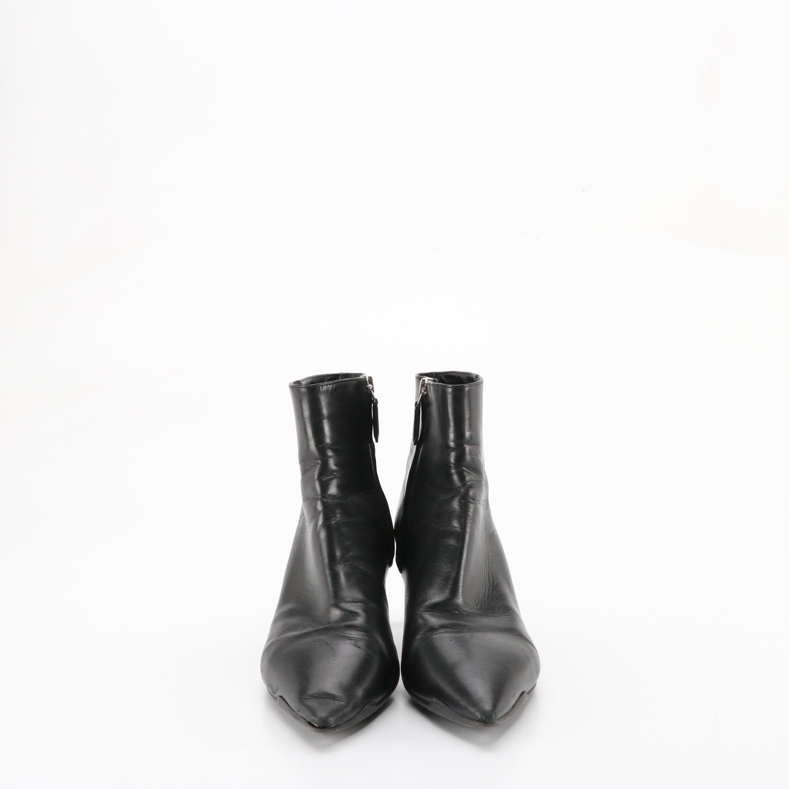 Prada Black Leather Pointed-Toe Ankle Booties Boots