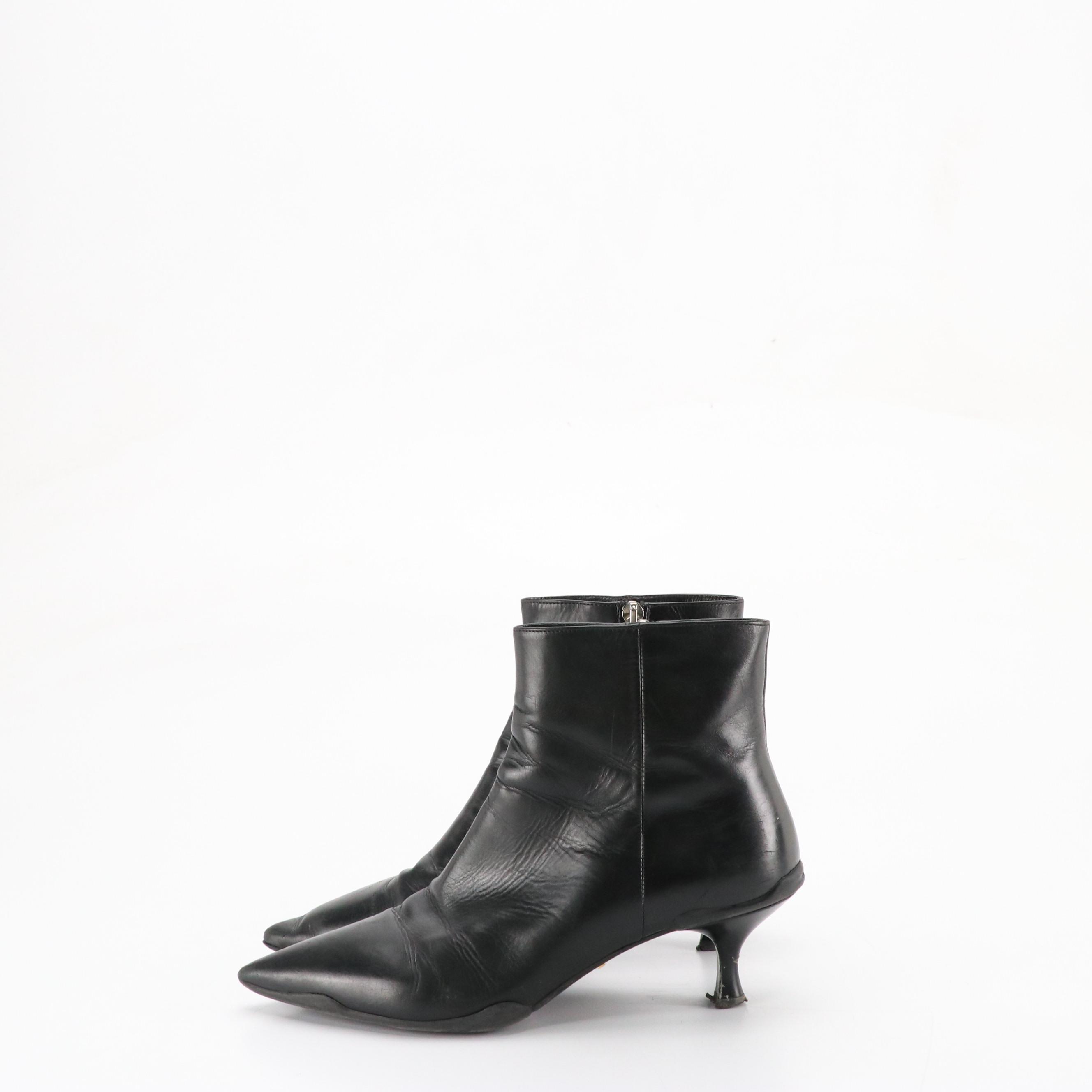 Prada Black Leather Pointed-Toe Ankle Booties Boots