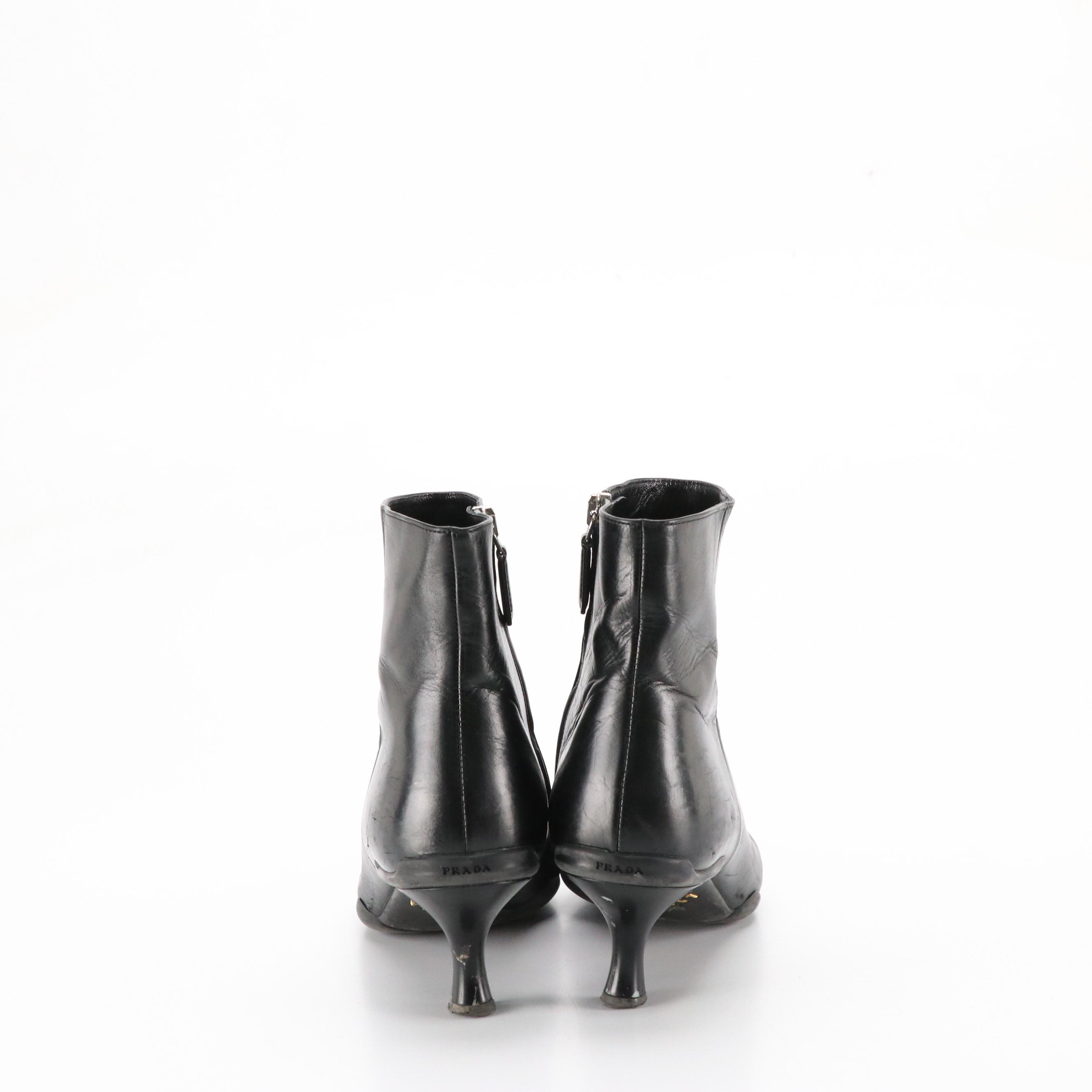 Prada Black Leather Pointed-Toe Ankle Booties Boots