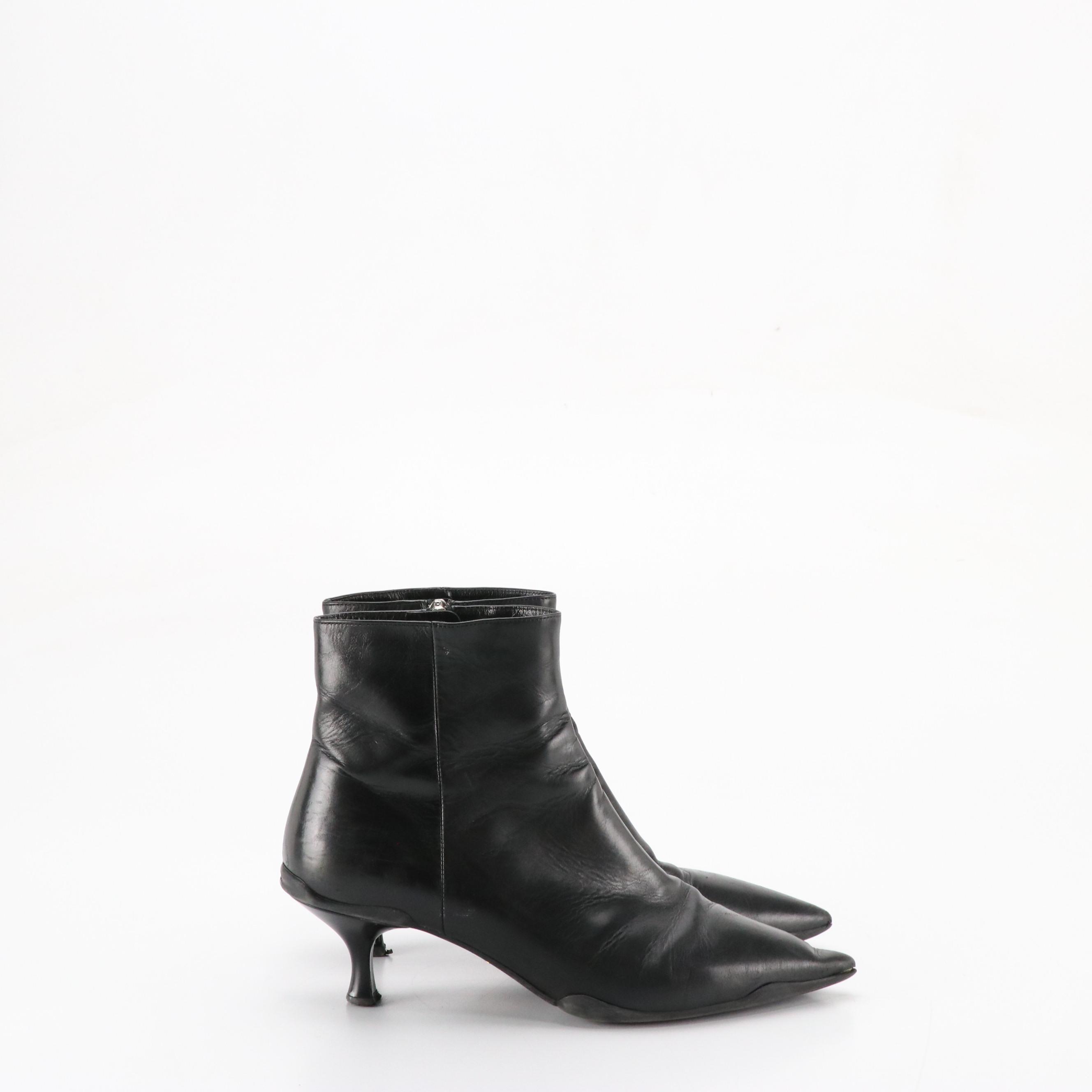 Prada Black Leather Pointed-Toe Ankle Booties Boots