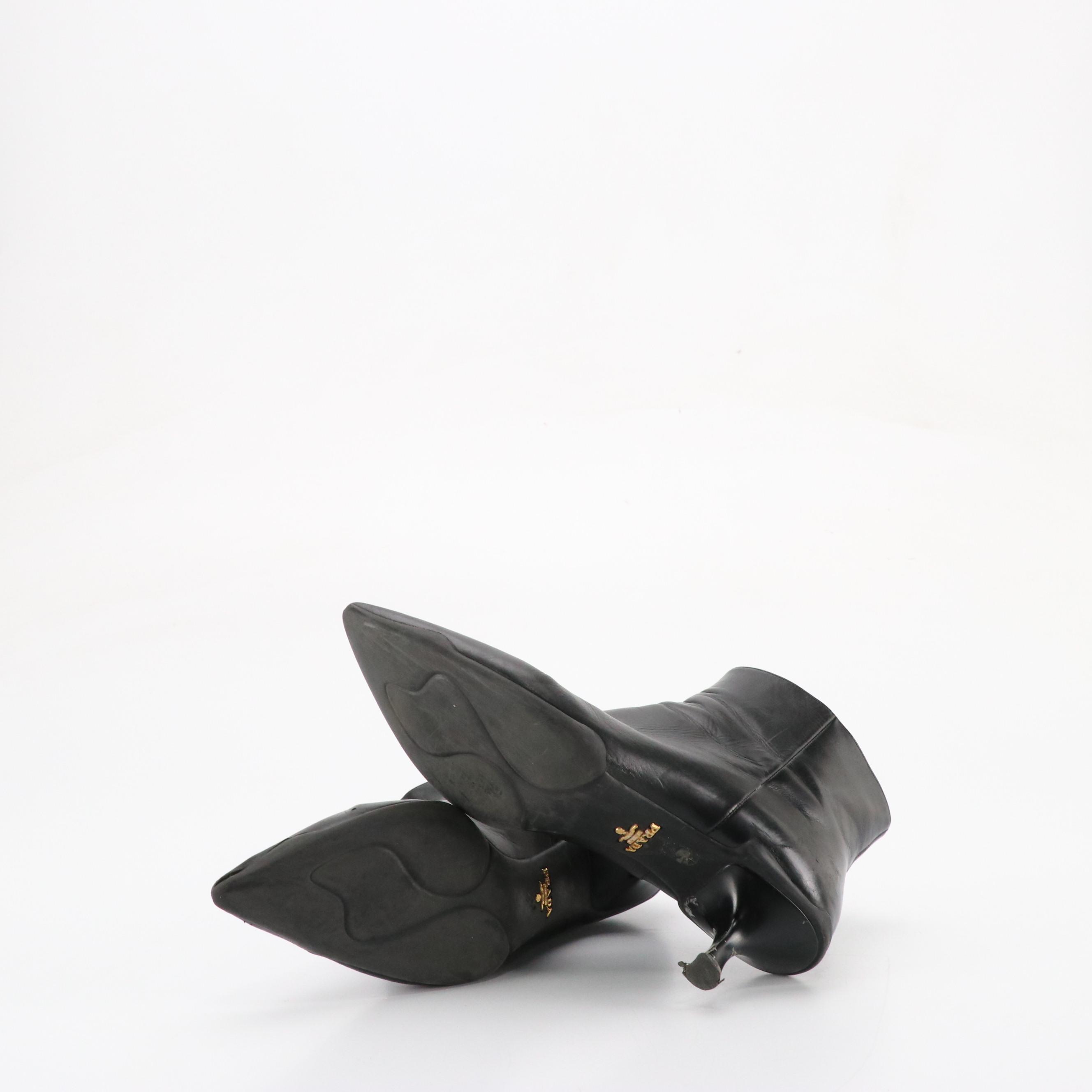 Prada Black Leather Pointed-Toe Ankle Booties Boots