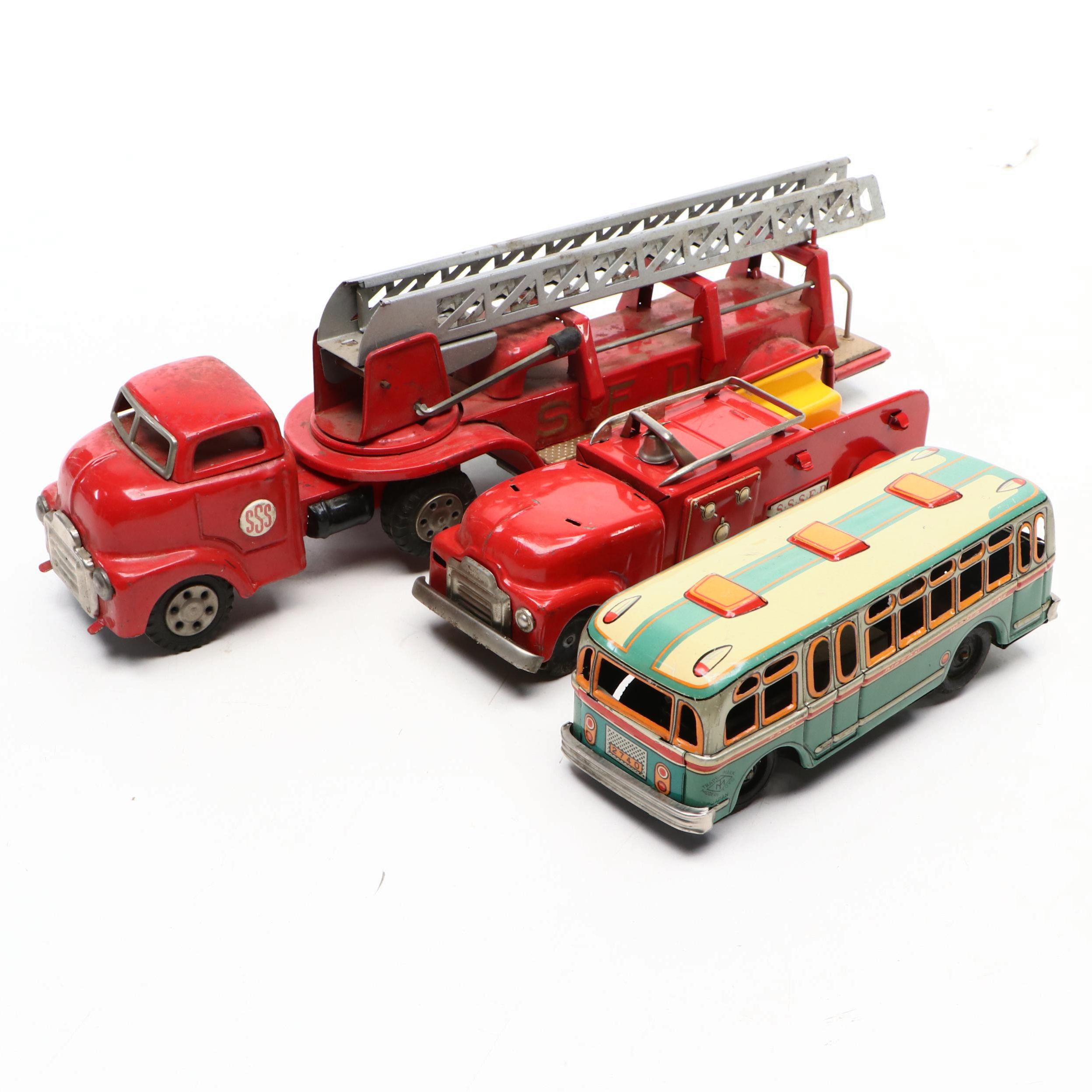 Modern Toys "Pigeon World Line" Toy Bus with Firetrucks, Mid-20th Century