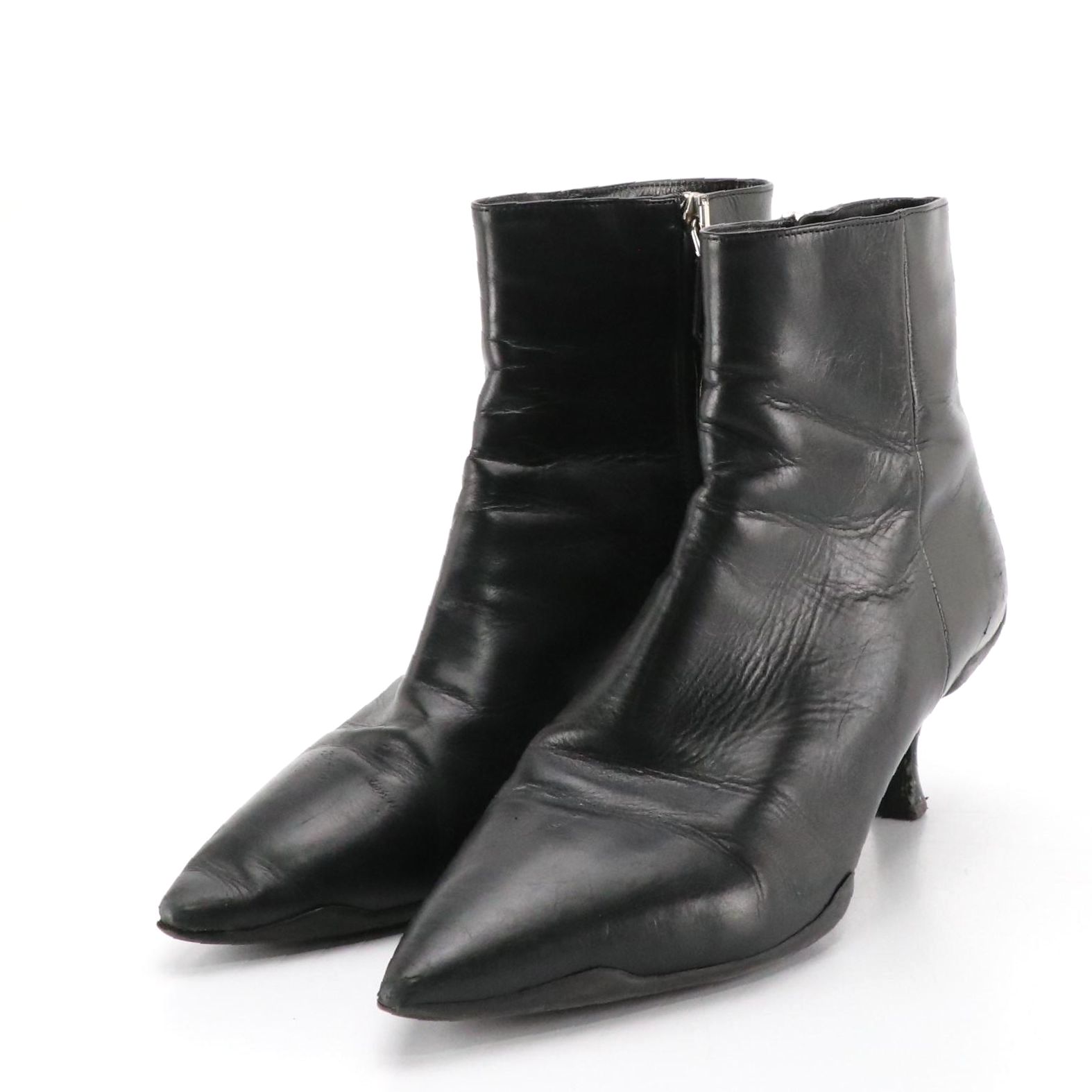 Prada Black Leather Pointed-Toe Ankle Booties Boots