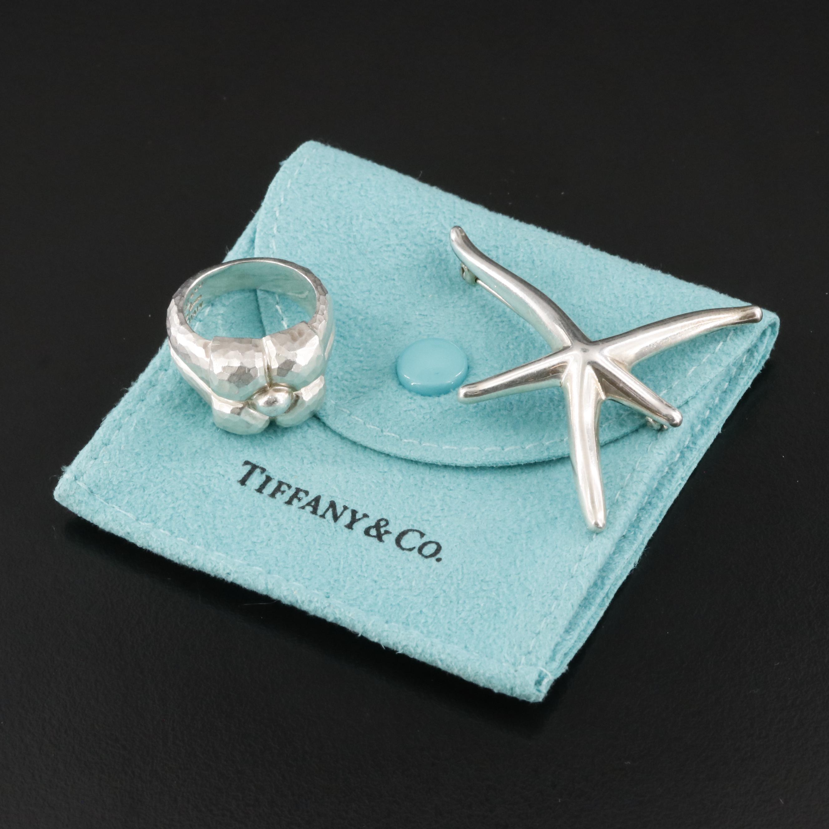 Tiffany & Co. Sterling Picasso Hammered Flower Ring and Peretti Starfish Brooch