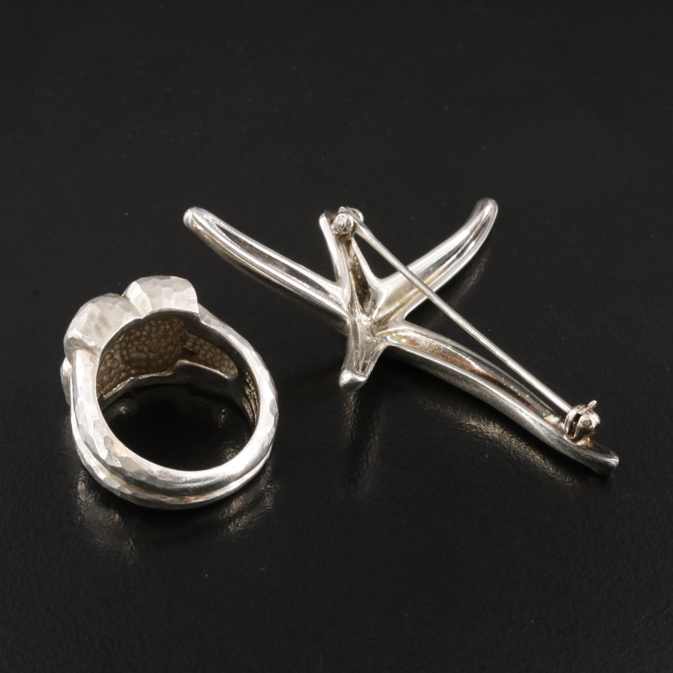 Tiffany & Co. Sterling Picasso Hammered Flower Ring and Peretti Starfish Brooch
