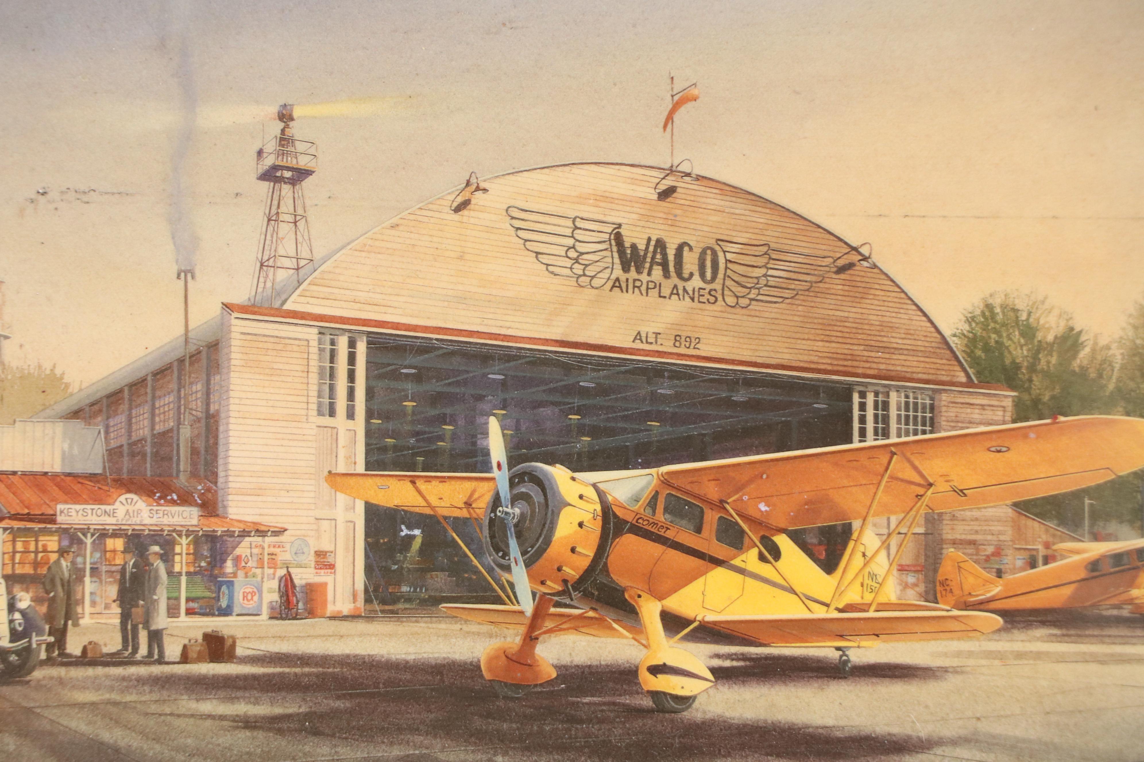 Waco Airplanes Hangar Scene Offset Lithograph "Planes in Action"