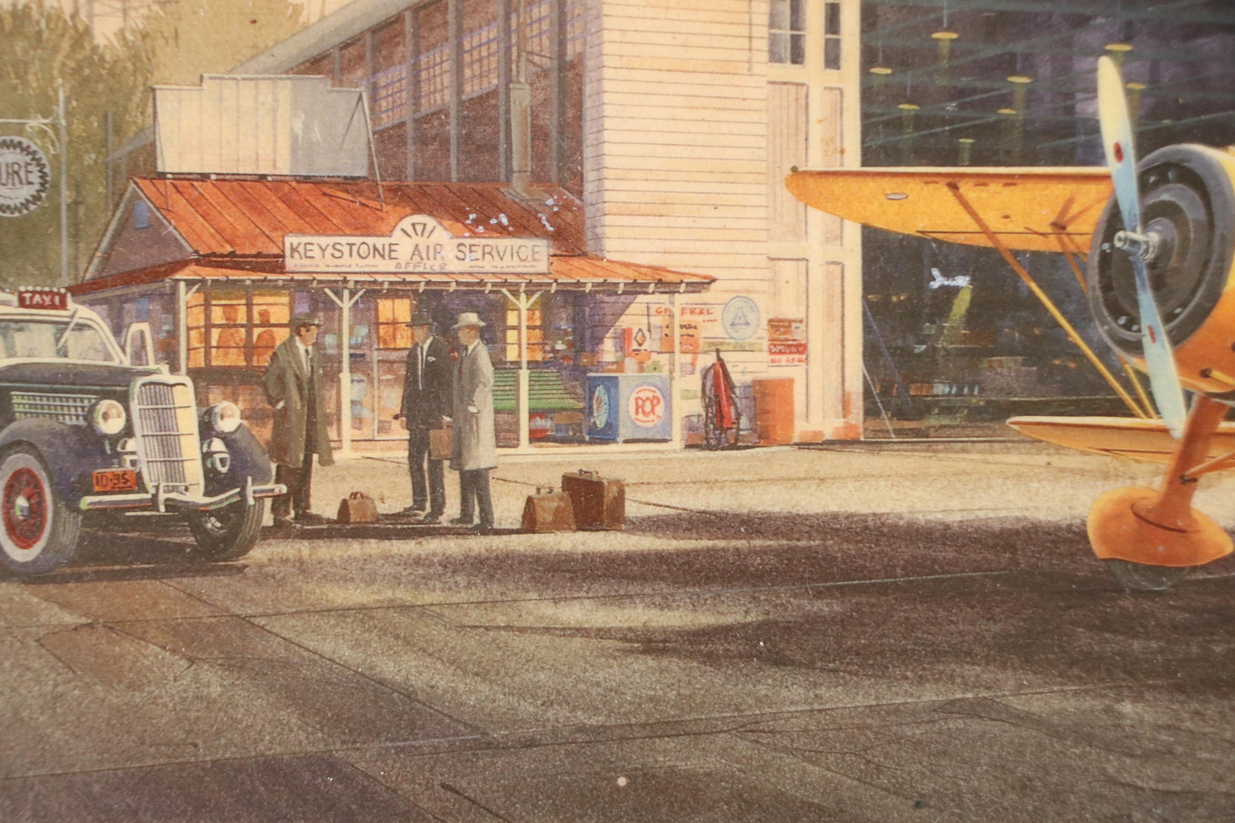 Waco Airplanes Hangar Scene Offset Lithograph "Planes in Action"