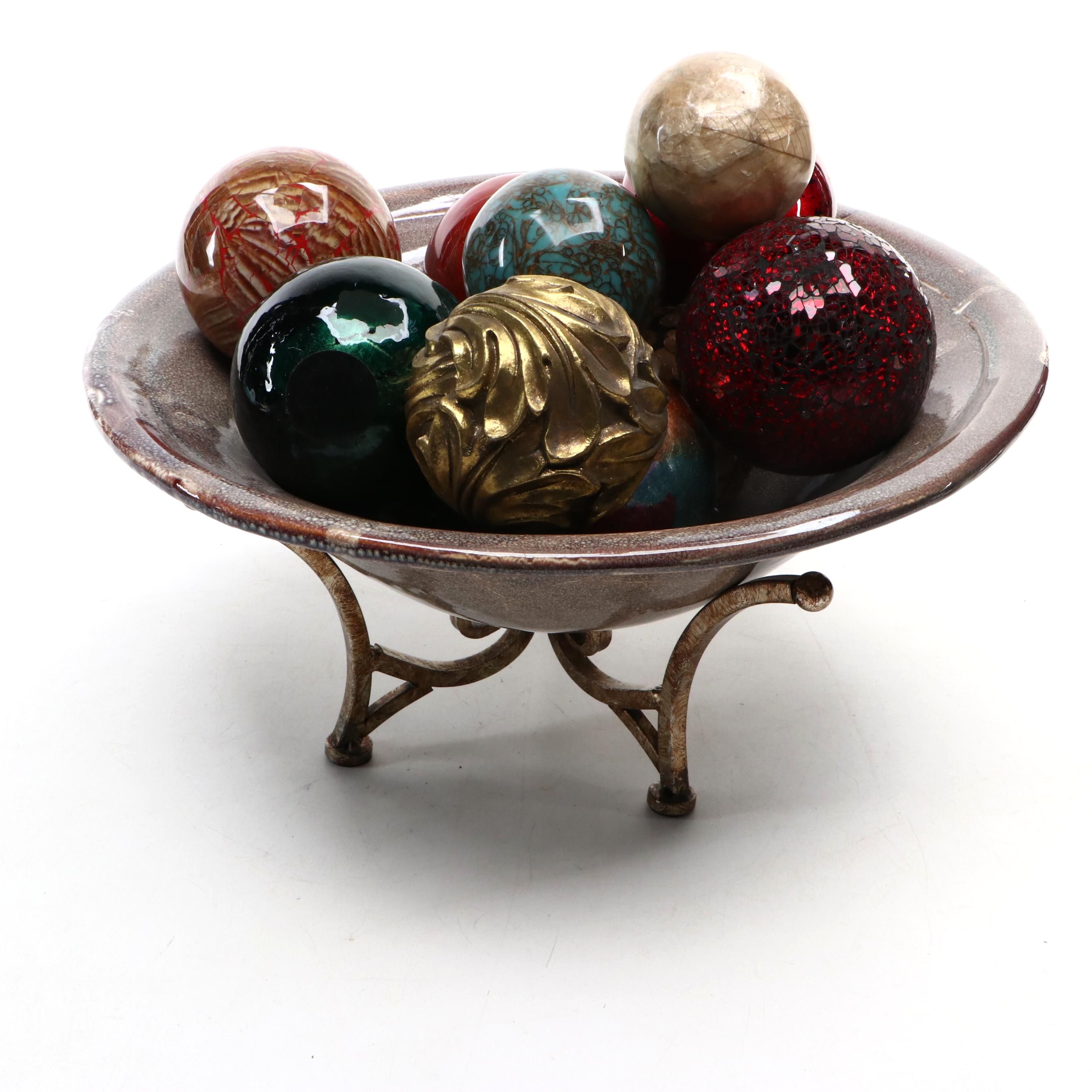 Decorative Balls with Ceramic Centerpiece and Metal Stand