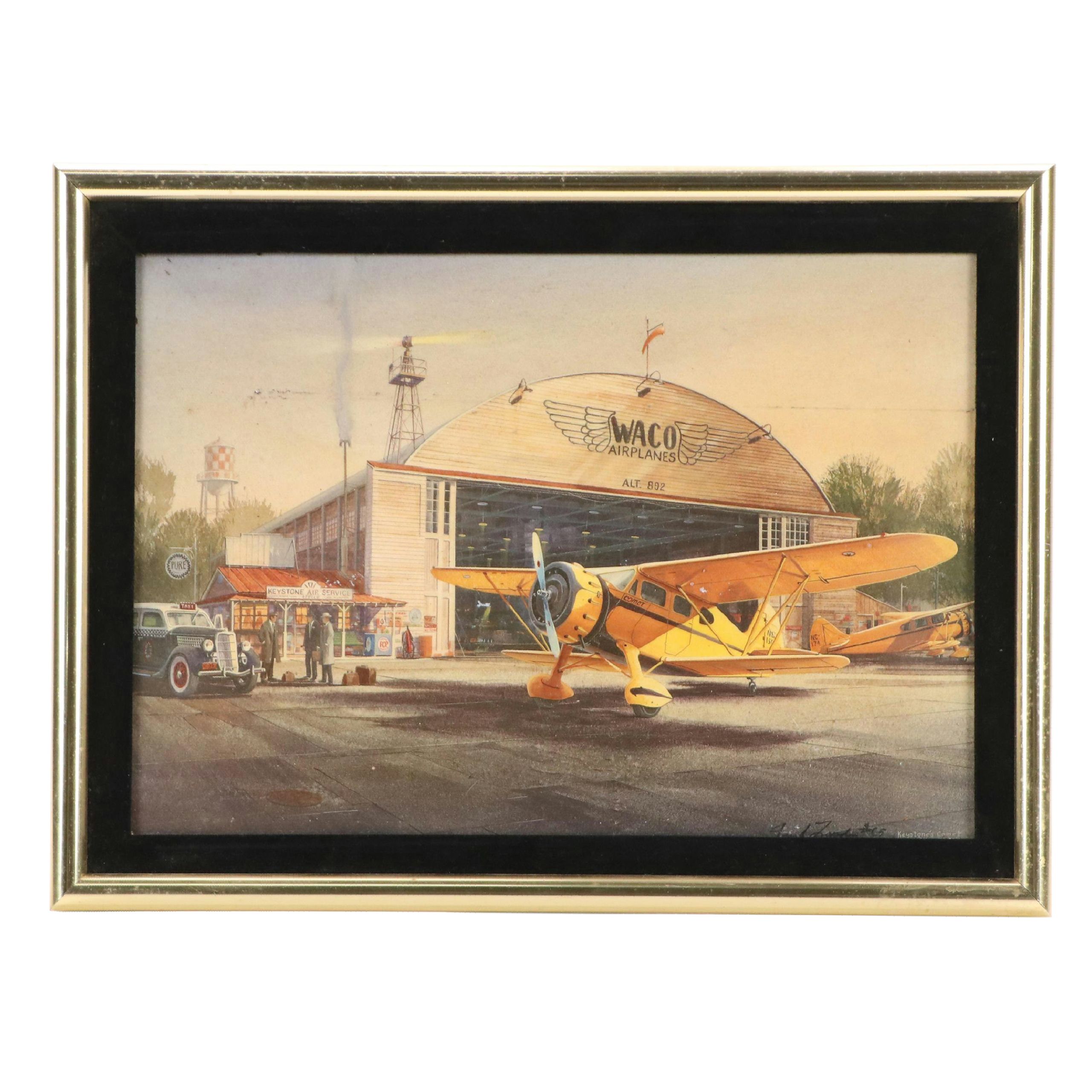 Waco Airplanes Hangar Scene Offset Lithograph "Planes in Action"