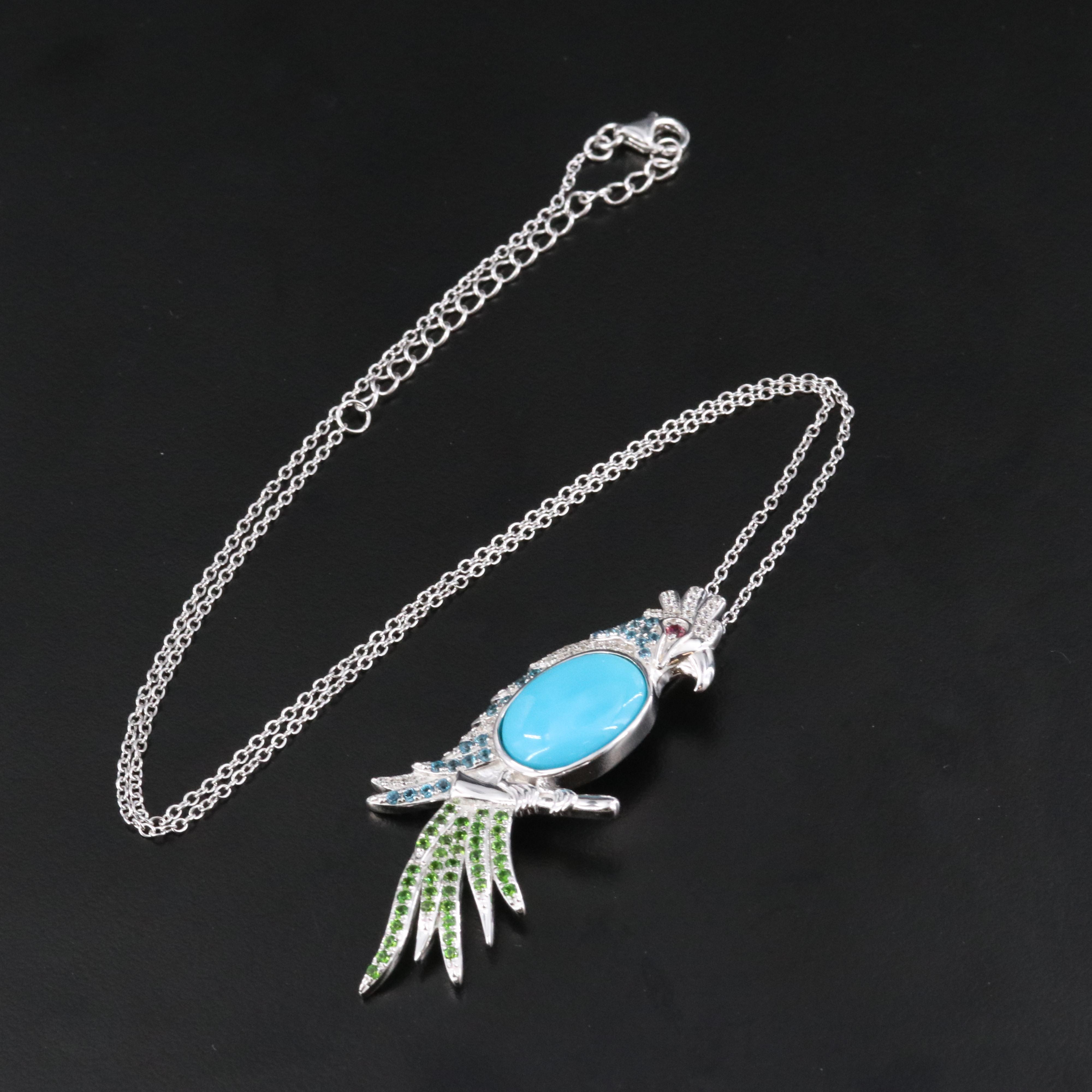 Sterling Parrot Pendant Necklace Featuring Turquoise, Diopside and White Zircon