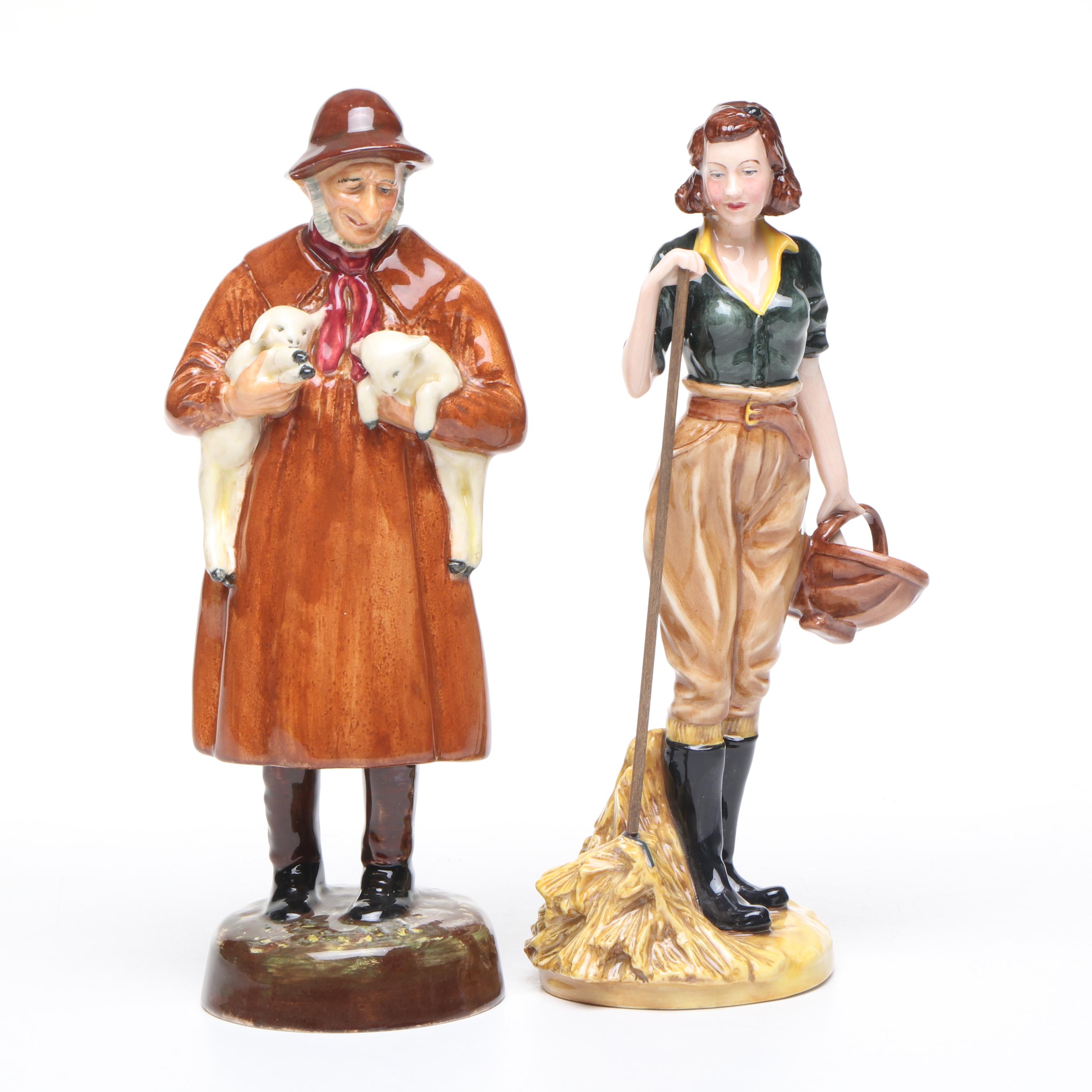 Royal Doulton Hand-Painted "The Land Lady" and "Lambing Time" Porcelain Figures