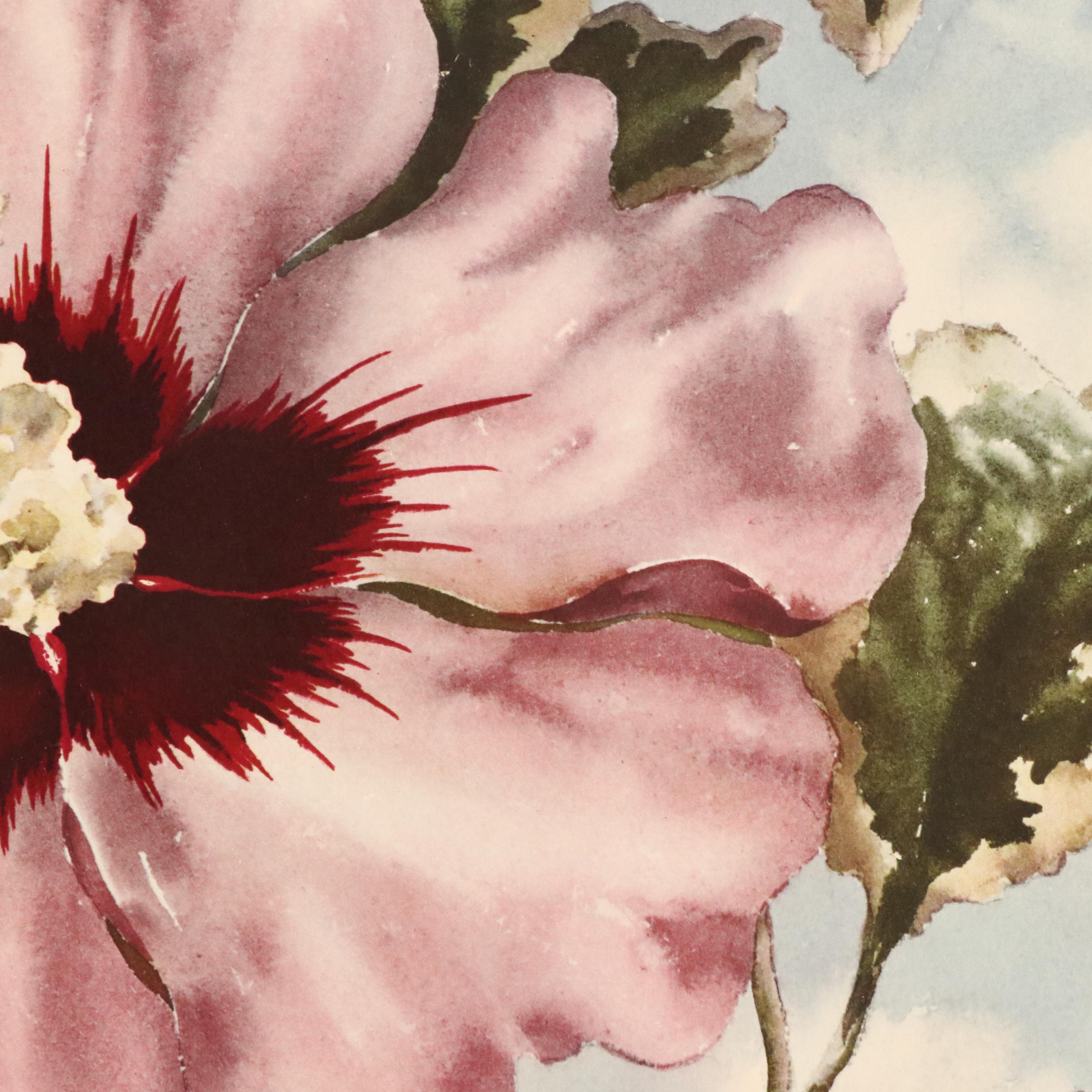 Floral Offset Lithograph After Erich F. T. Schenk "Sky Hibiscus"