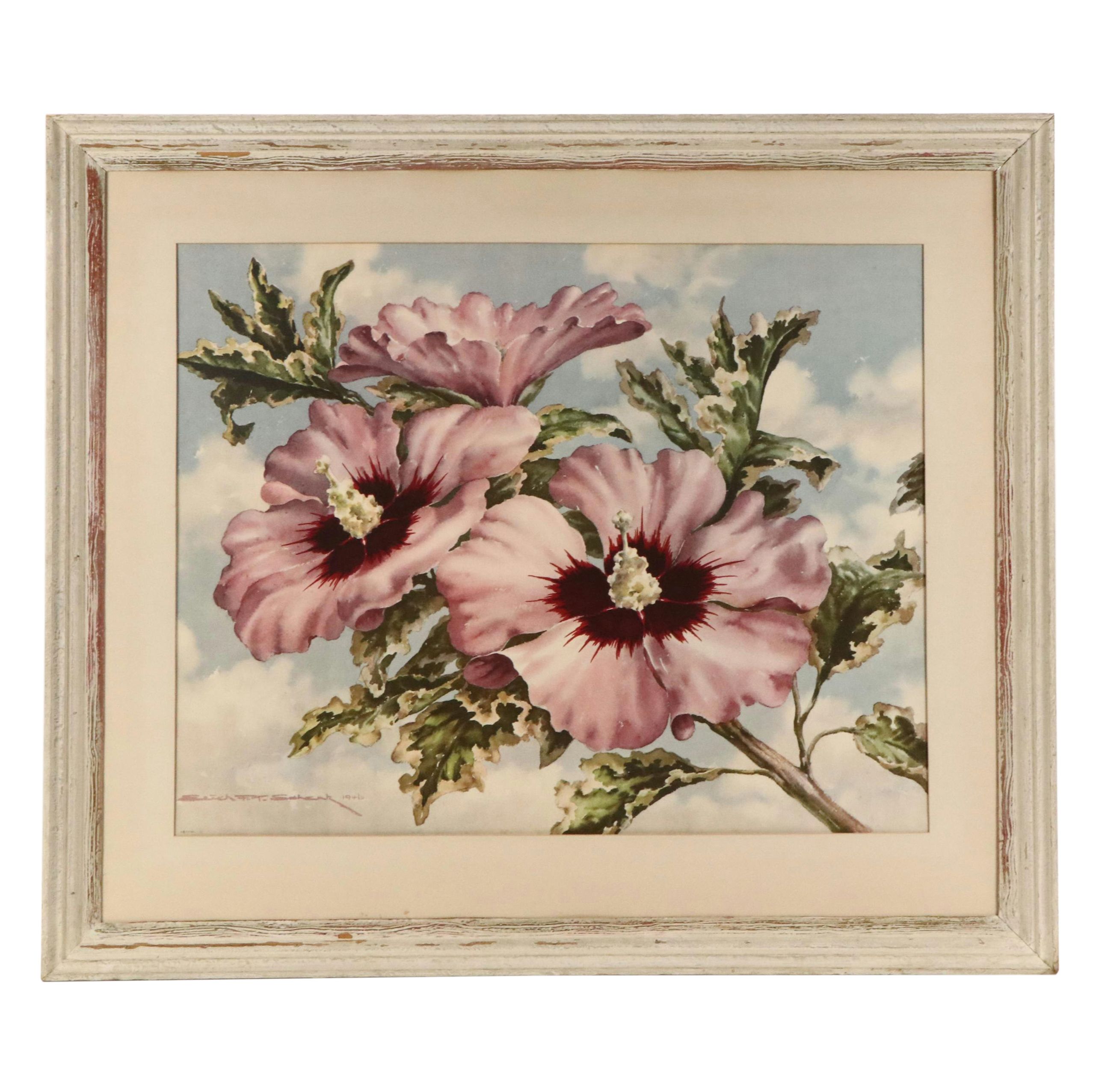 Floral Offset Lithograph After Erich F. T. Schenk "Sky Hibiscus"