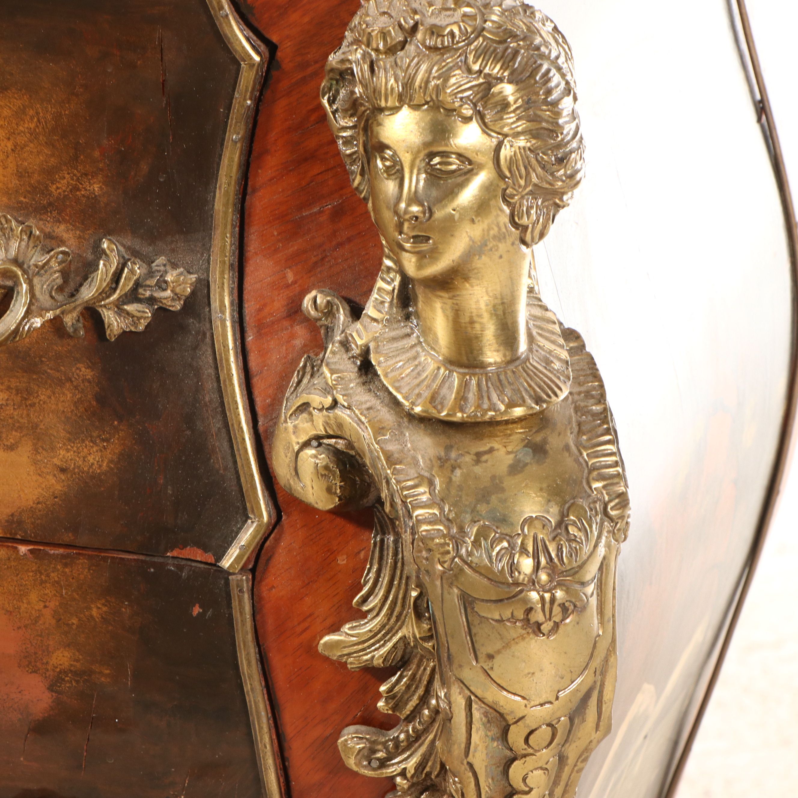 French Baroque Style Painted Marble Top Bombe Chest with Ormolu Accents