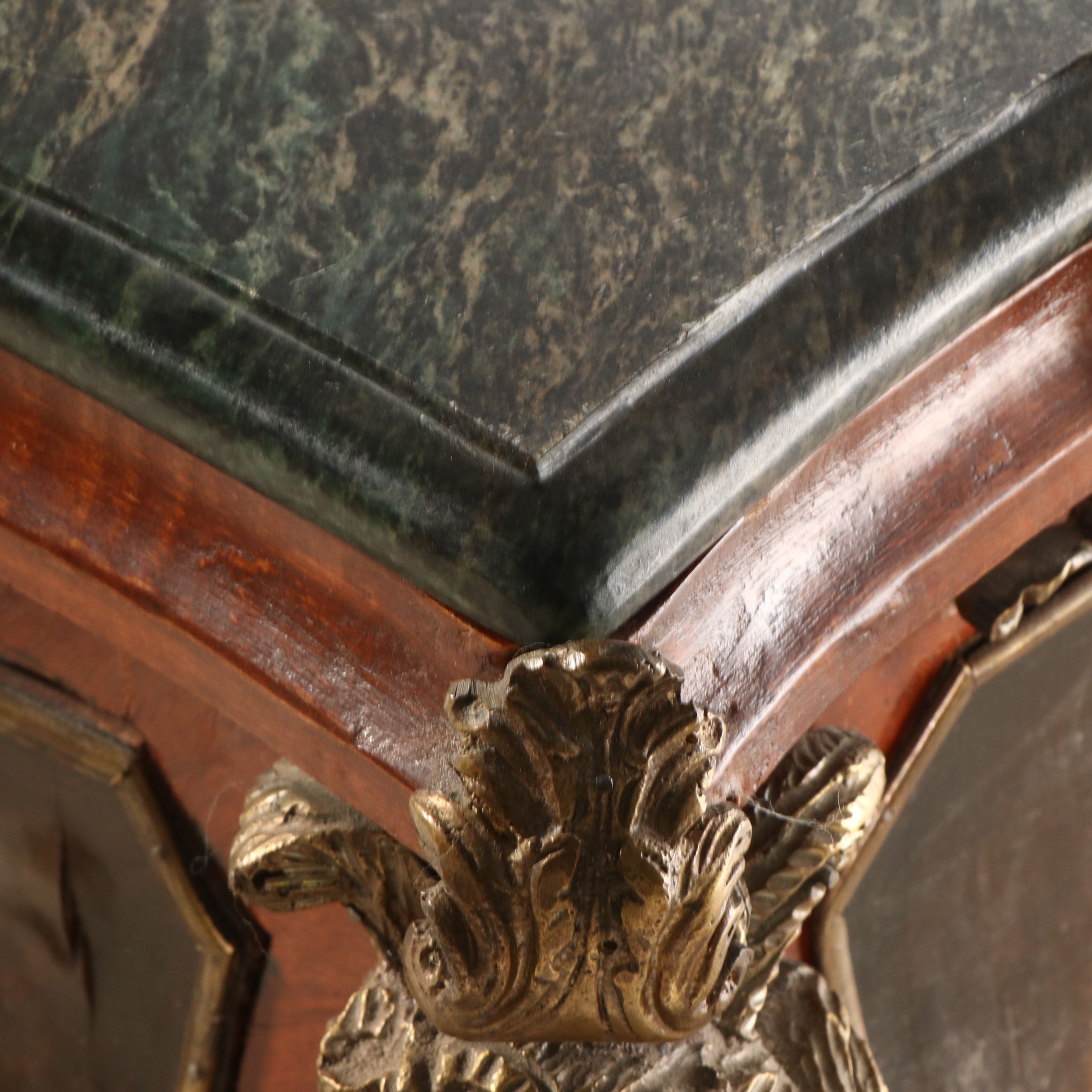 French Baroque Style Painted Marble Top Bombe Chest with Ormolu Accents