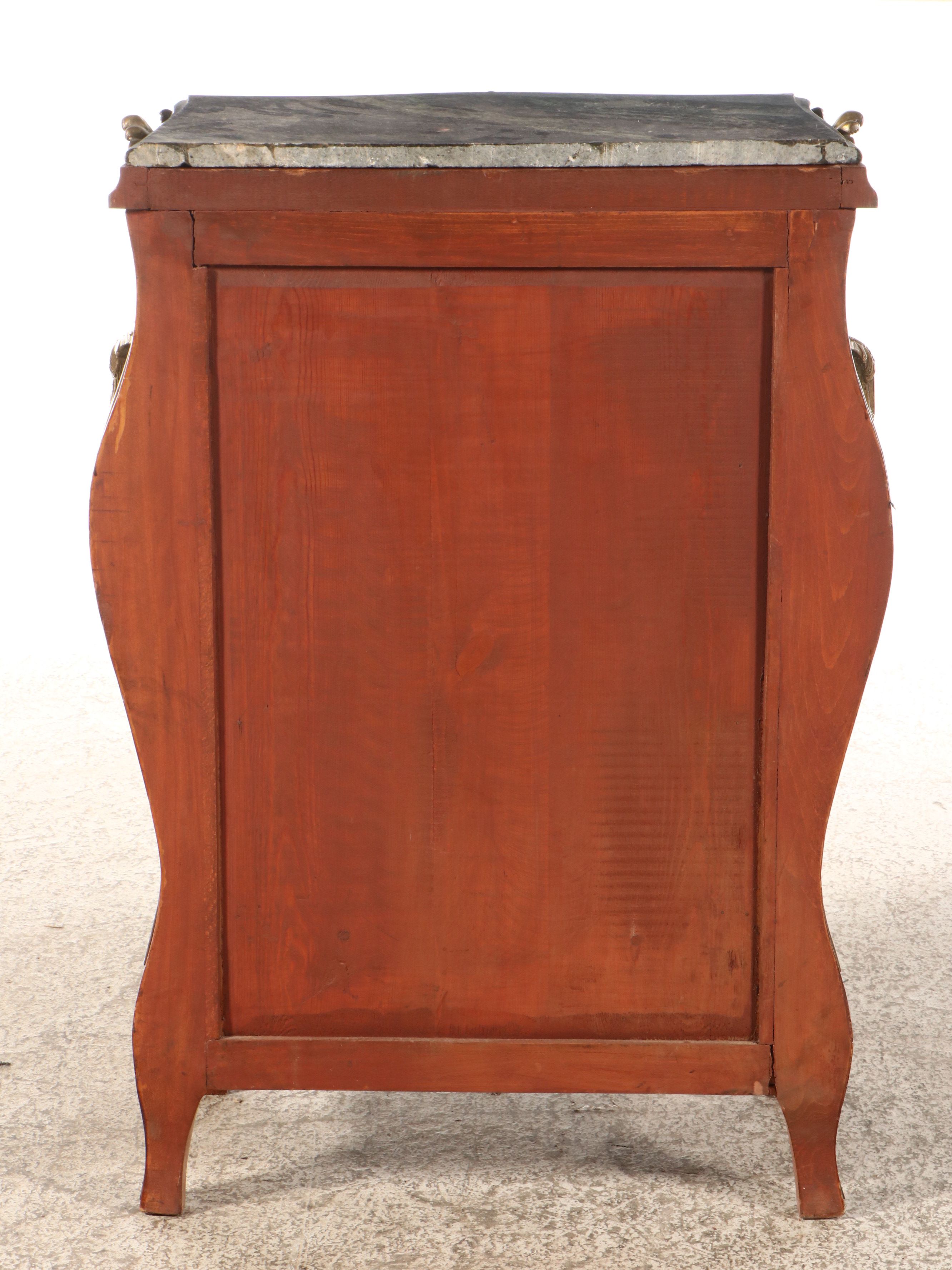 French Baroque Style Painted Marble Top Bombe Chest with Ormolu Accents