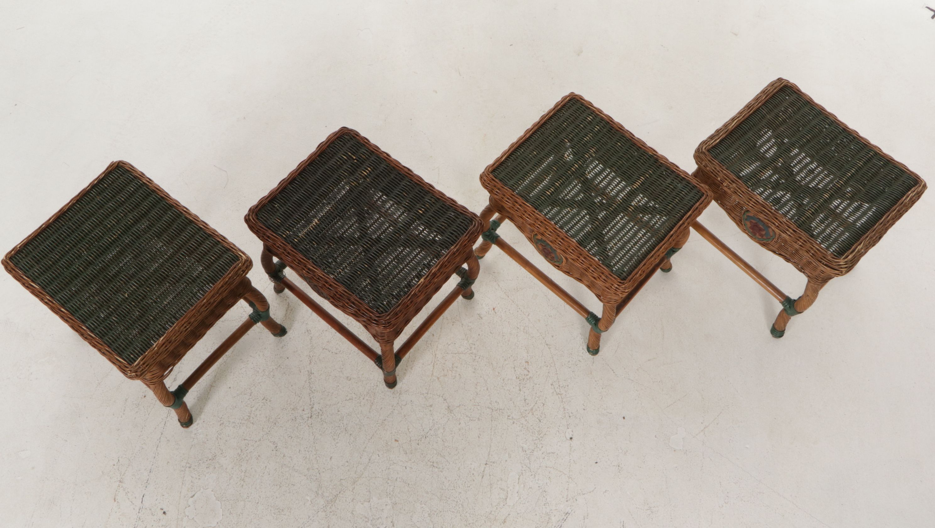 Painted Rattan Wicker Demilune Table with Four Side Tables, Mid-20th Century