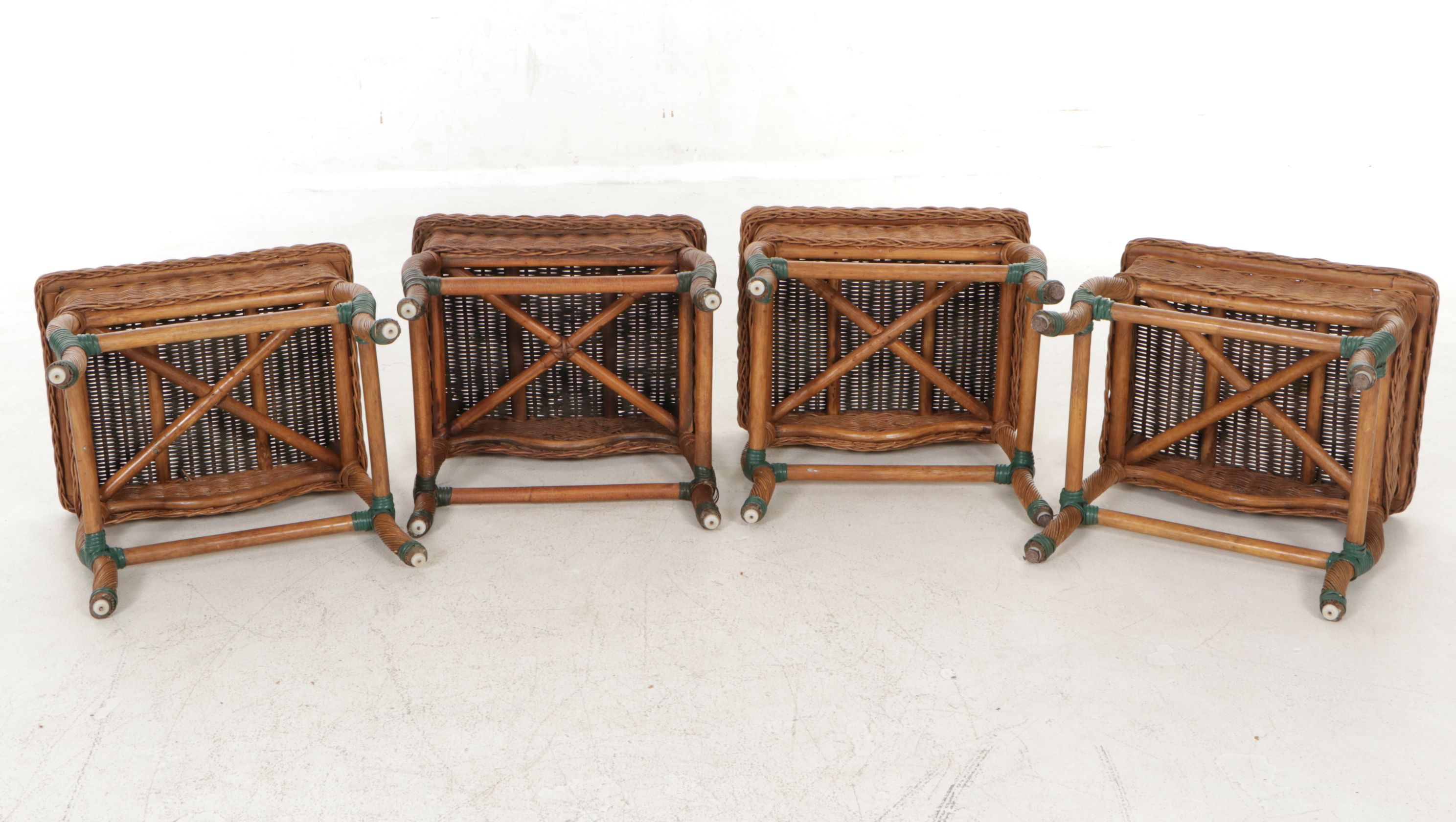 Painted Rattan Wicker Demilune Table with Four Side Tables, Mid-20th Century