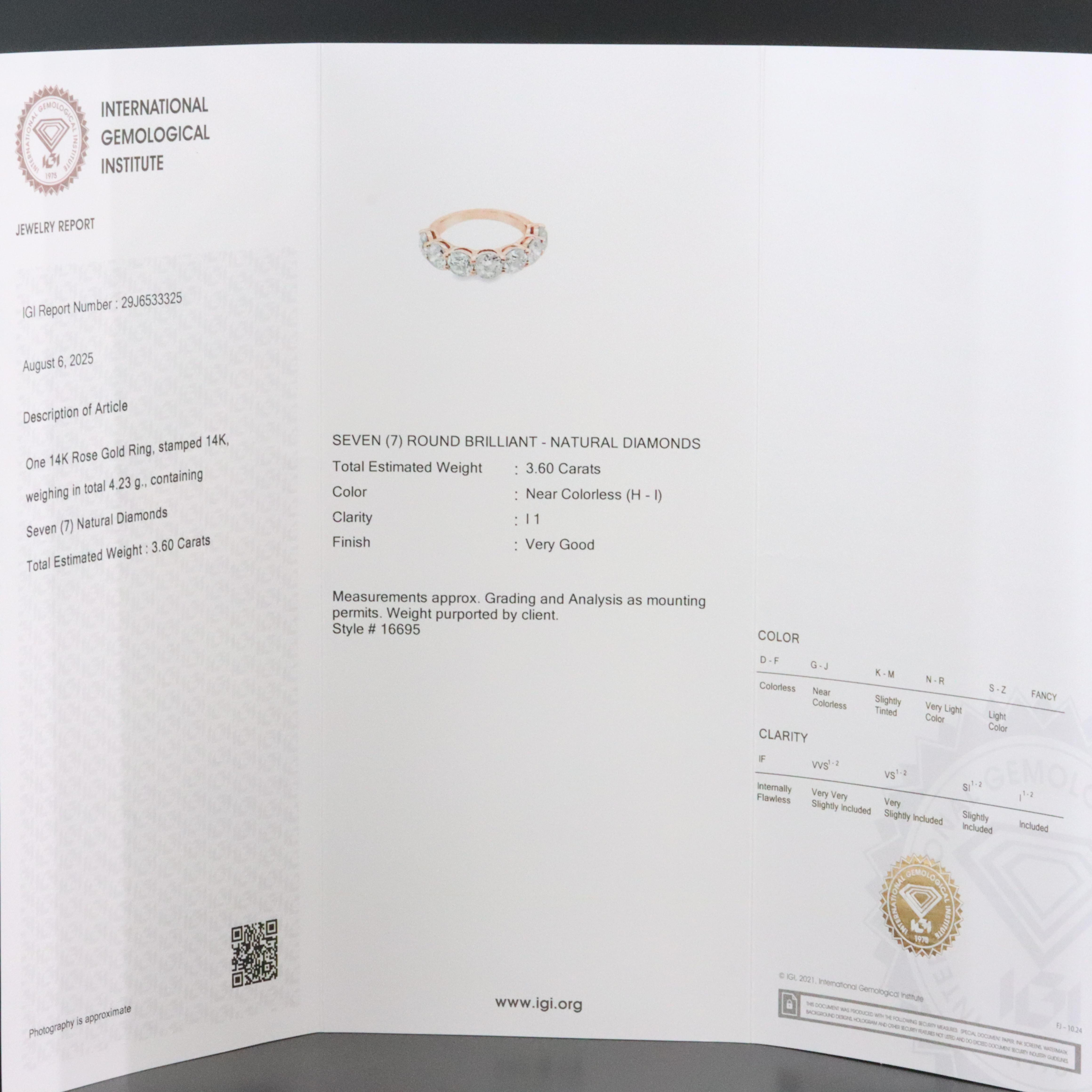 14K Rose Gold 3.60 CTW Diamond Ring with IGI Jewelry Report