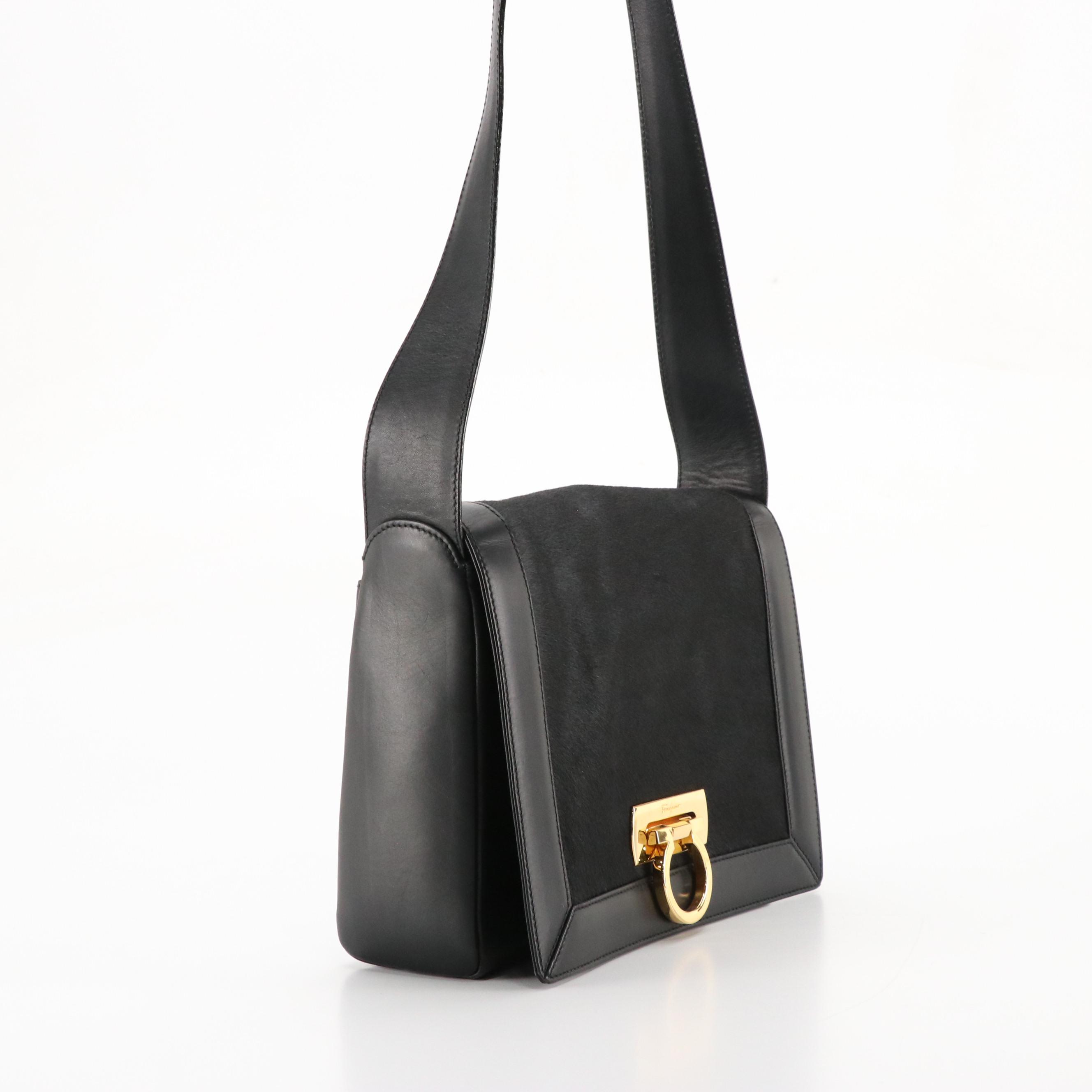 Salvatore Ferragamo Calf Hair and Leather Flap-Front Bag with Gancini Clasp