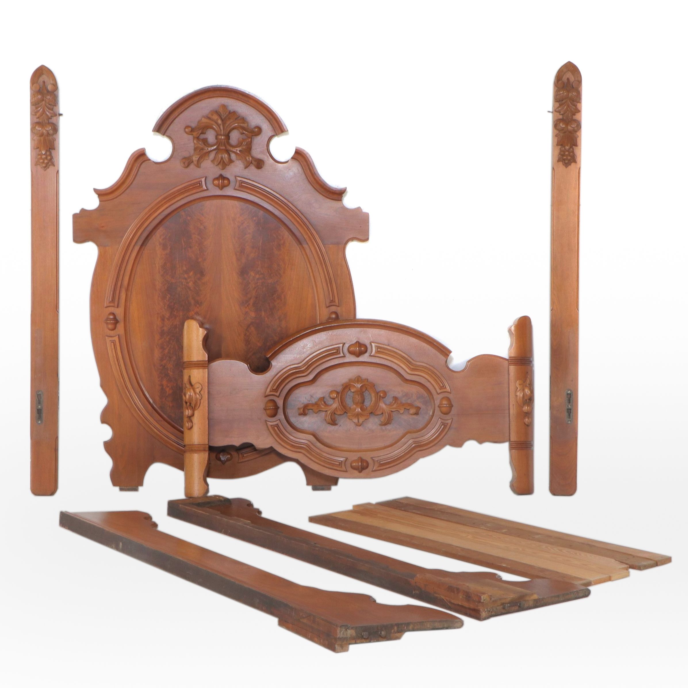 Victorian Renaissance Revival Carved Walnut and Burl Wood Bed Frame