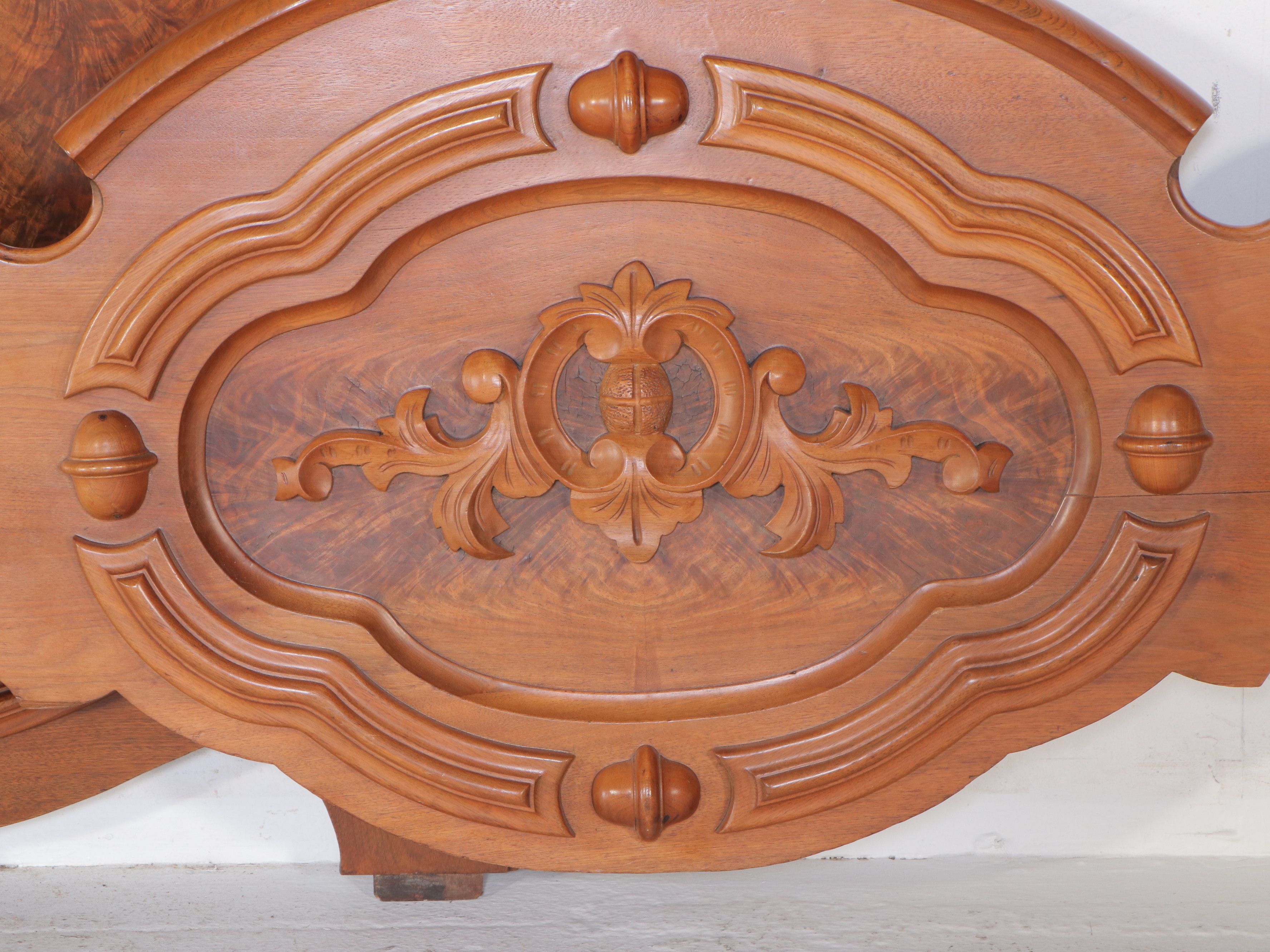 Victorian Renaissance Revival Carved Walnut and Burl Wood Bed Frame