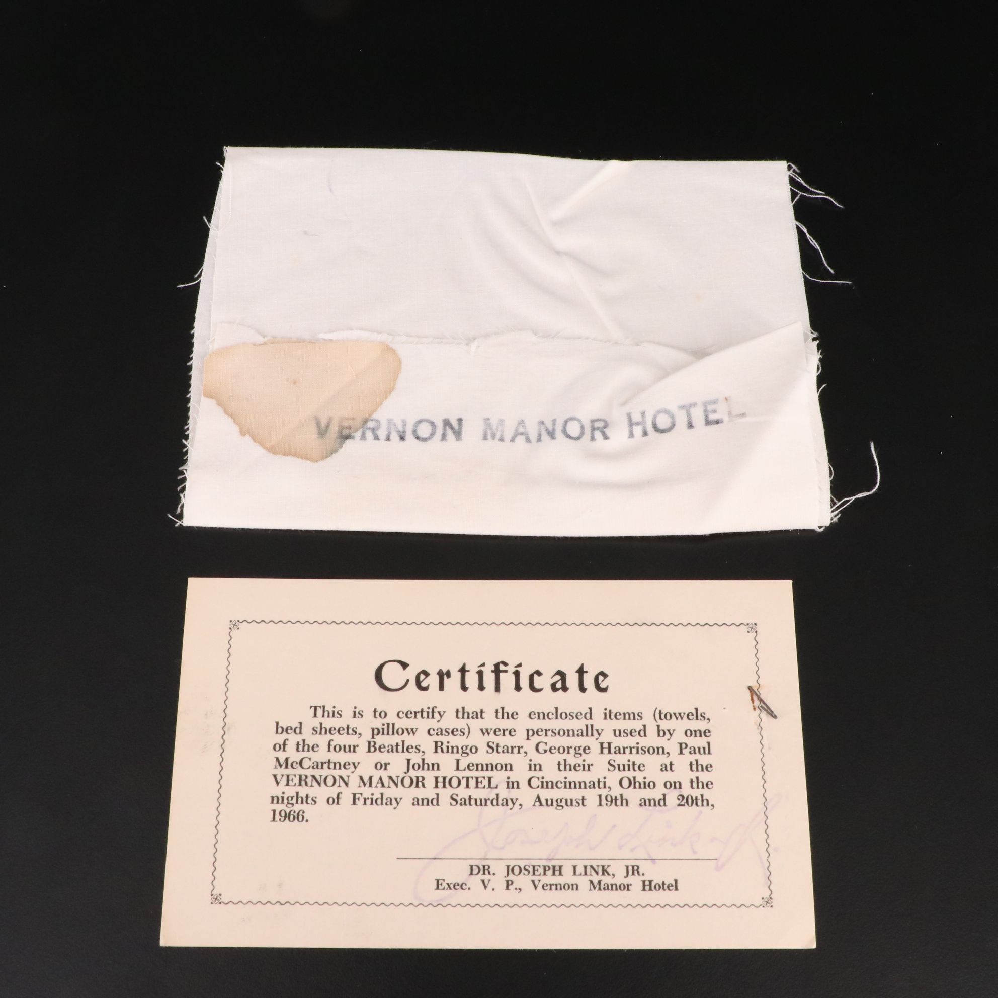 The Beatles Used Vernon Manor Hotel Bed Sheet Piece, 1966