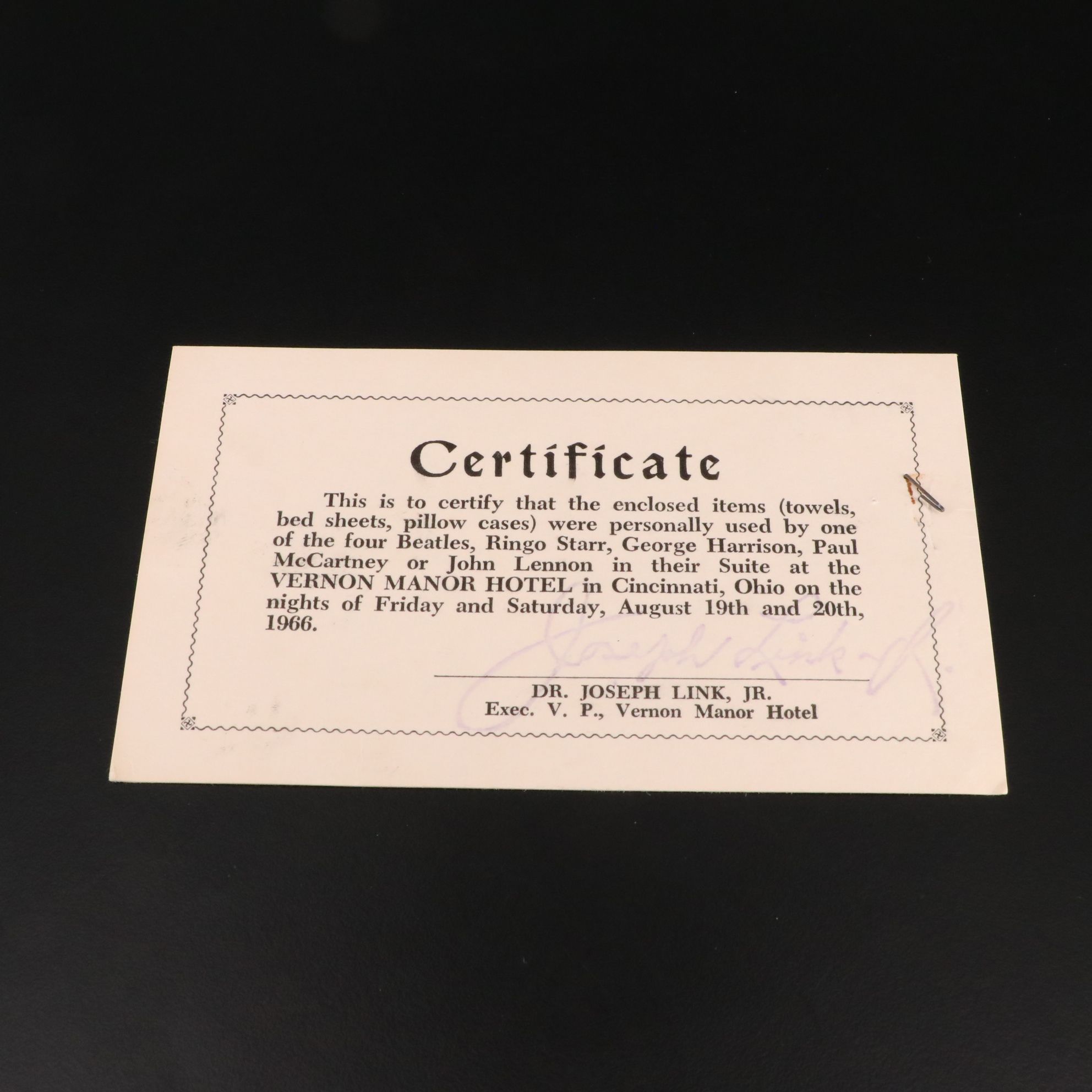 The Beatles Used Vernon Manor Hotel Bed Sheet Piece, 1966