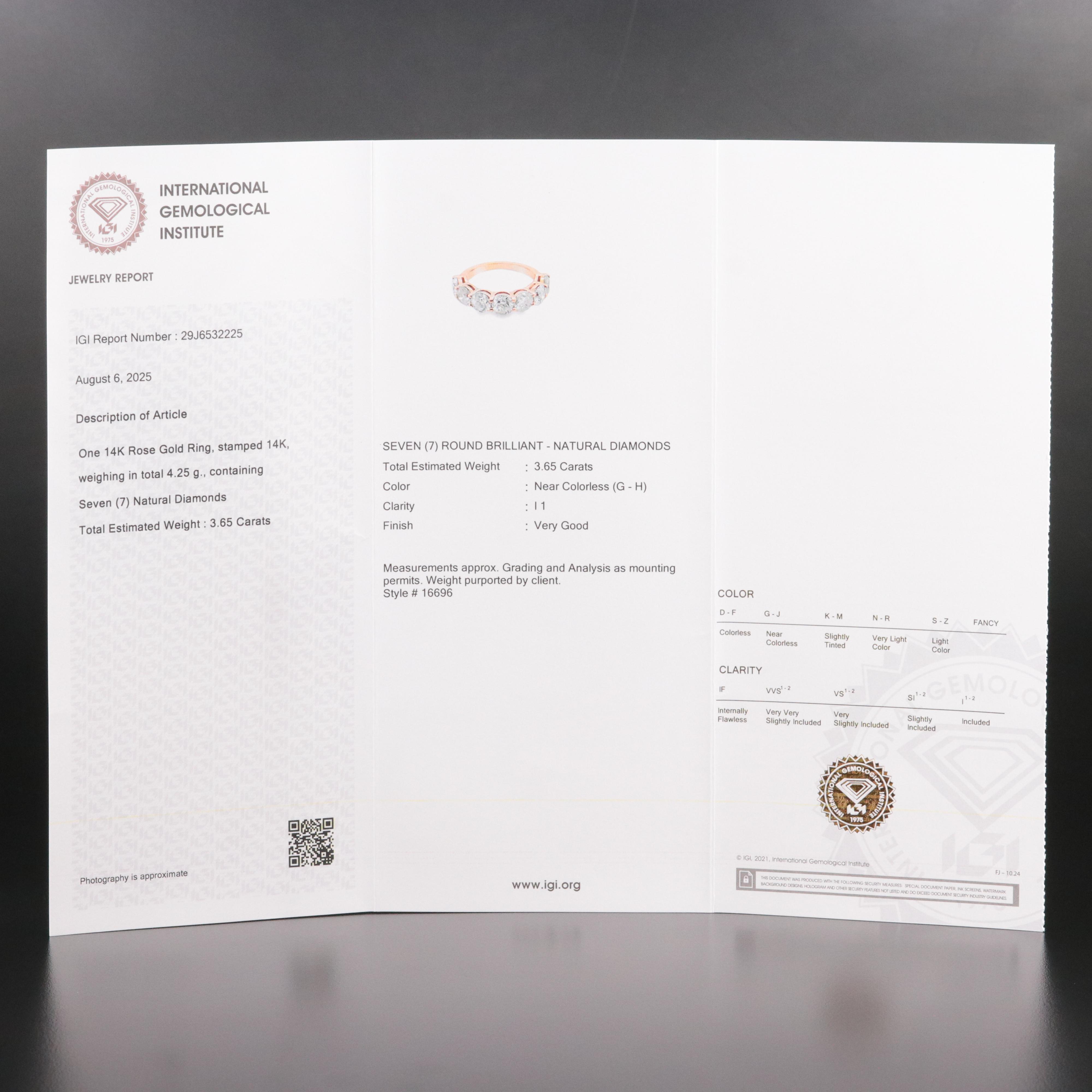 14K Rose Gold 3.65 CTW Diamond Ring with IGI Jewelry Report