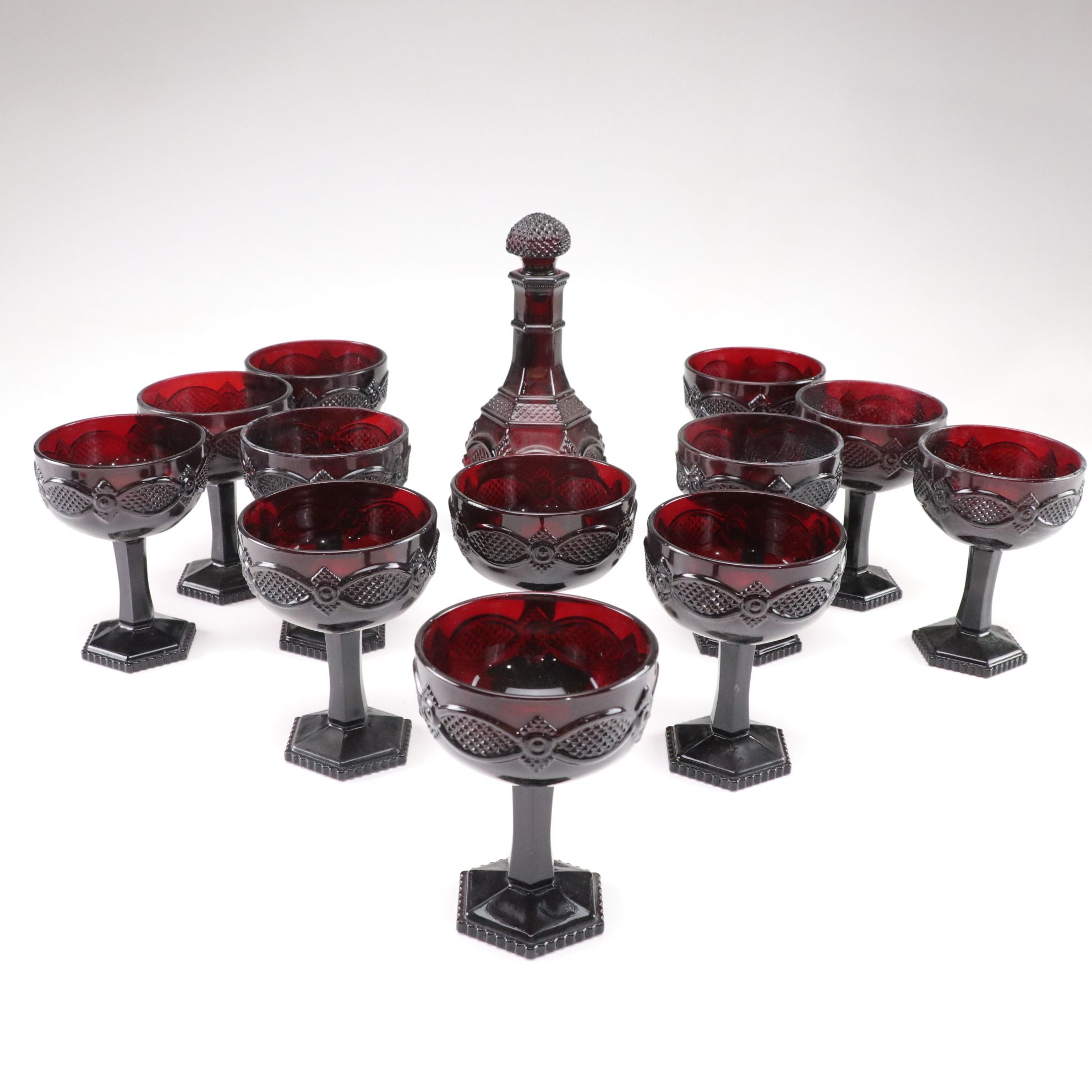 "Cape Cod Ruby" Set of Wine and Champagne Coups With Decanter, 1975-1992