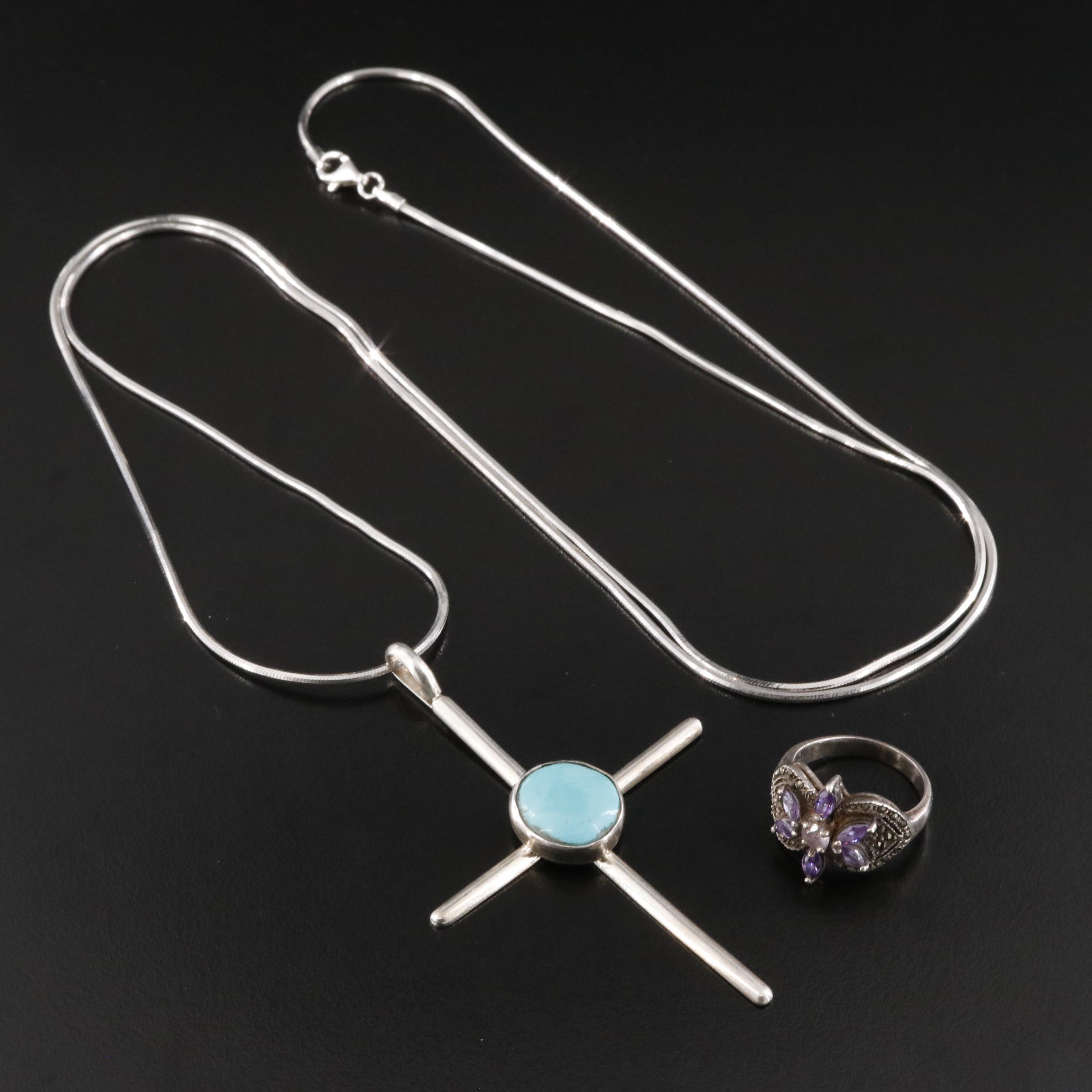 Sterling Cross Pendant Necklace and Amethyst & CZ Ring