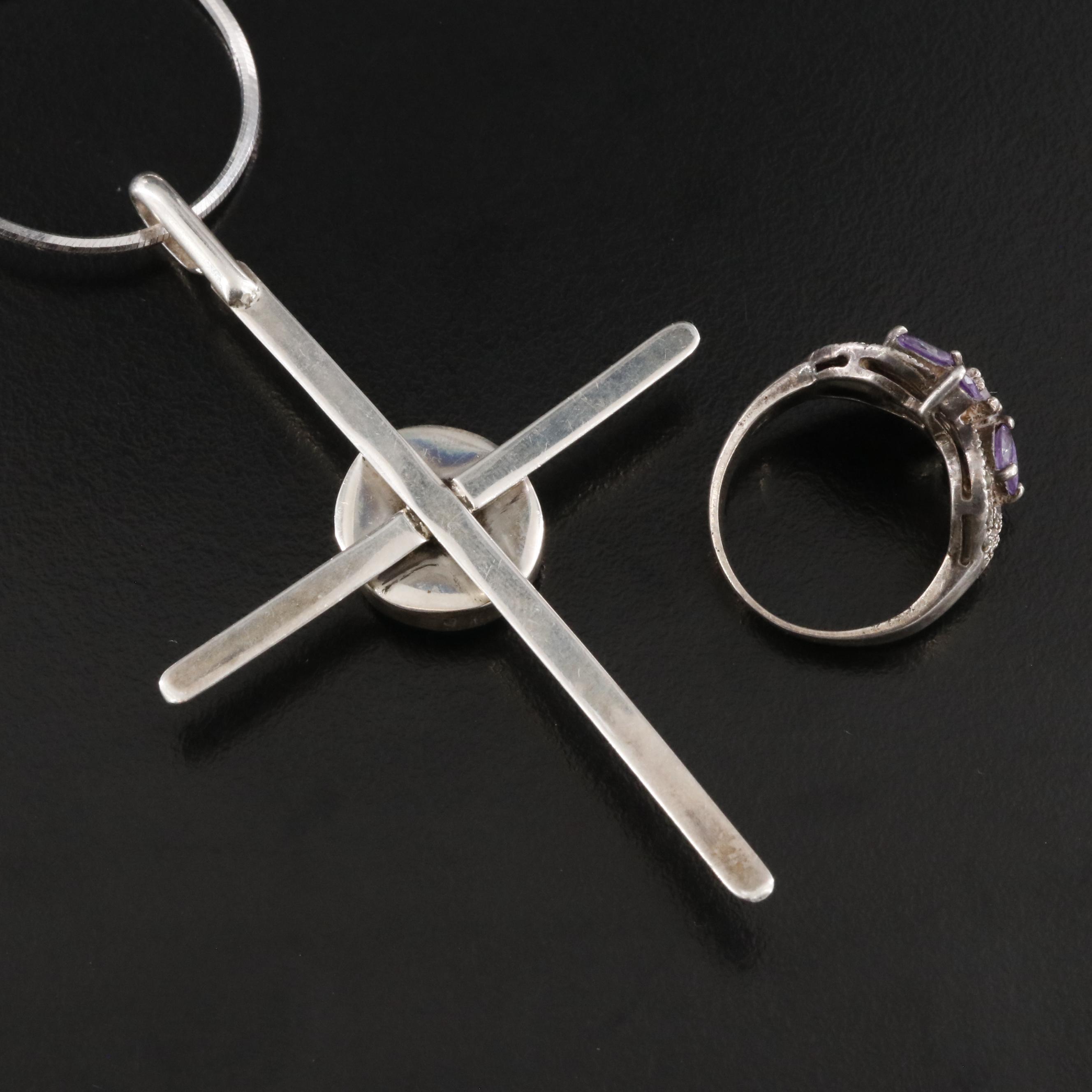 Sterling Cross Pendant Necklace and Amethyst & CZ Ring