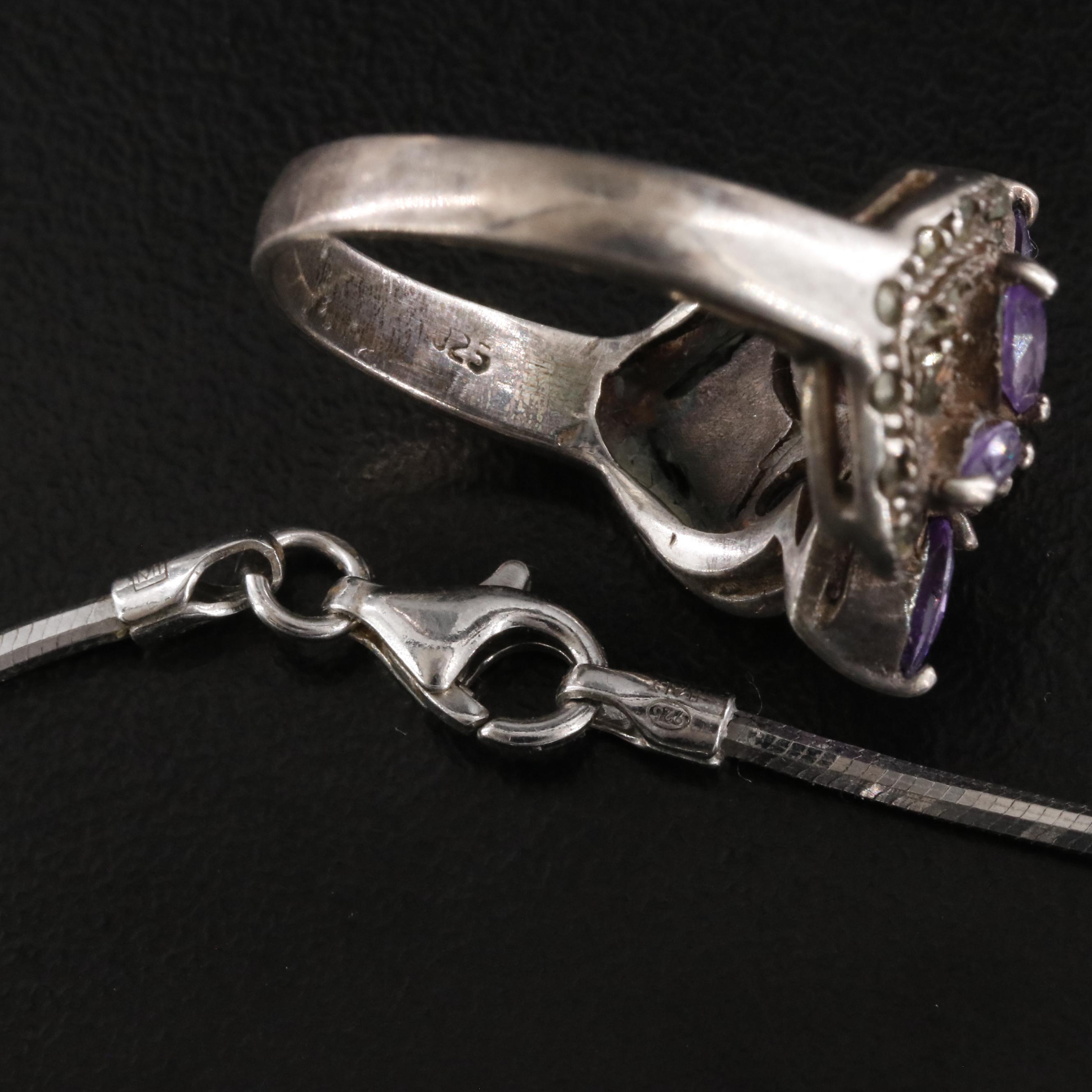 Sterling Cross Pendant Necklace and Amethyst & CZ Ring