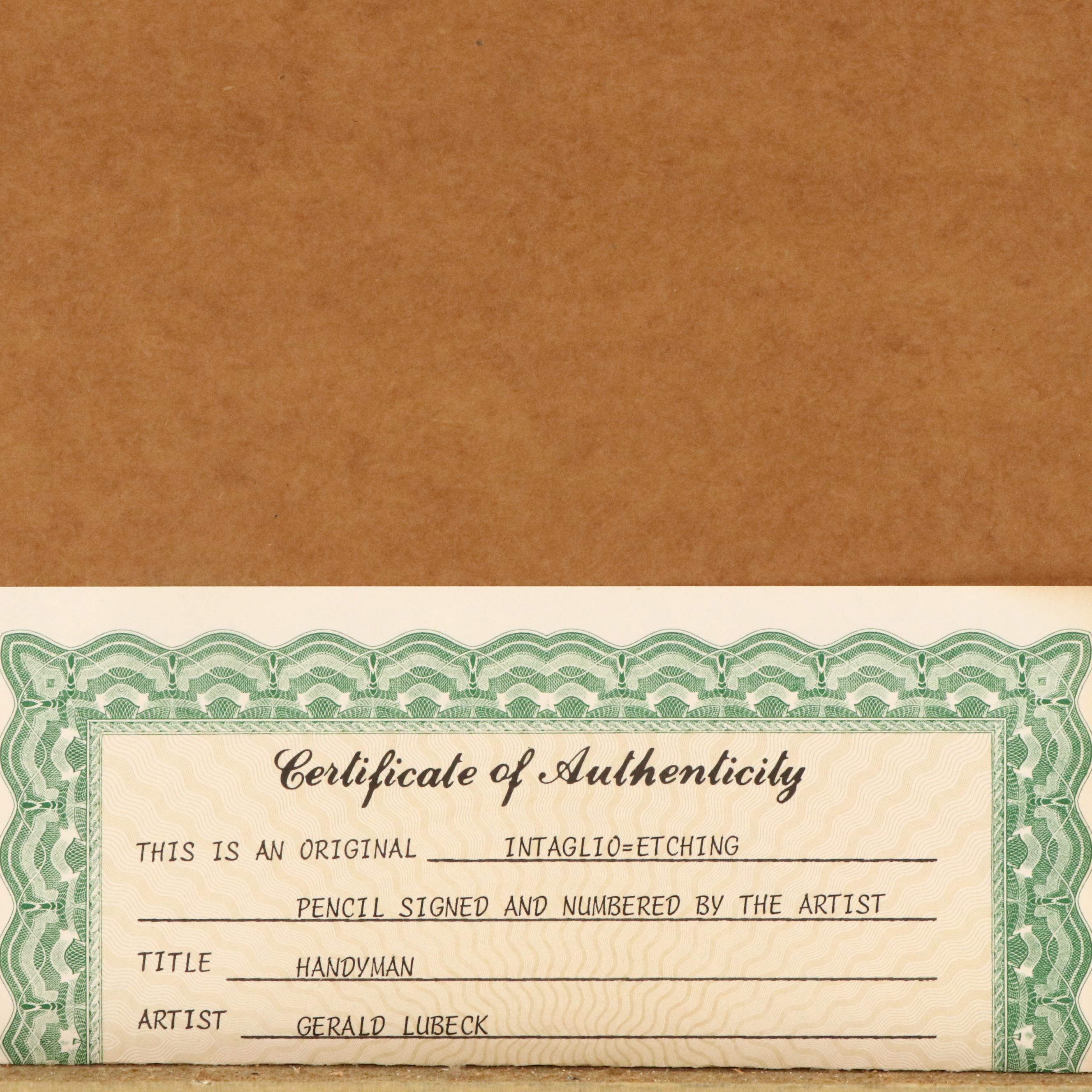 Gerald Lubeck Embossed Drypoint Etching "Handyman," 1979