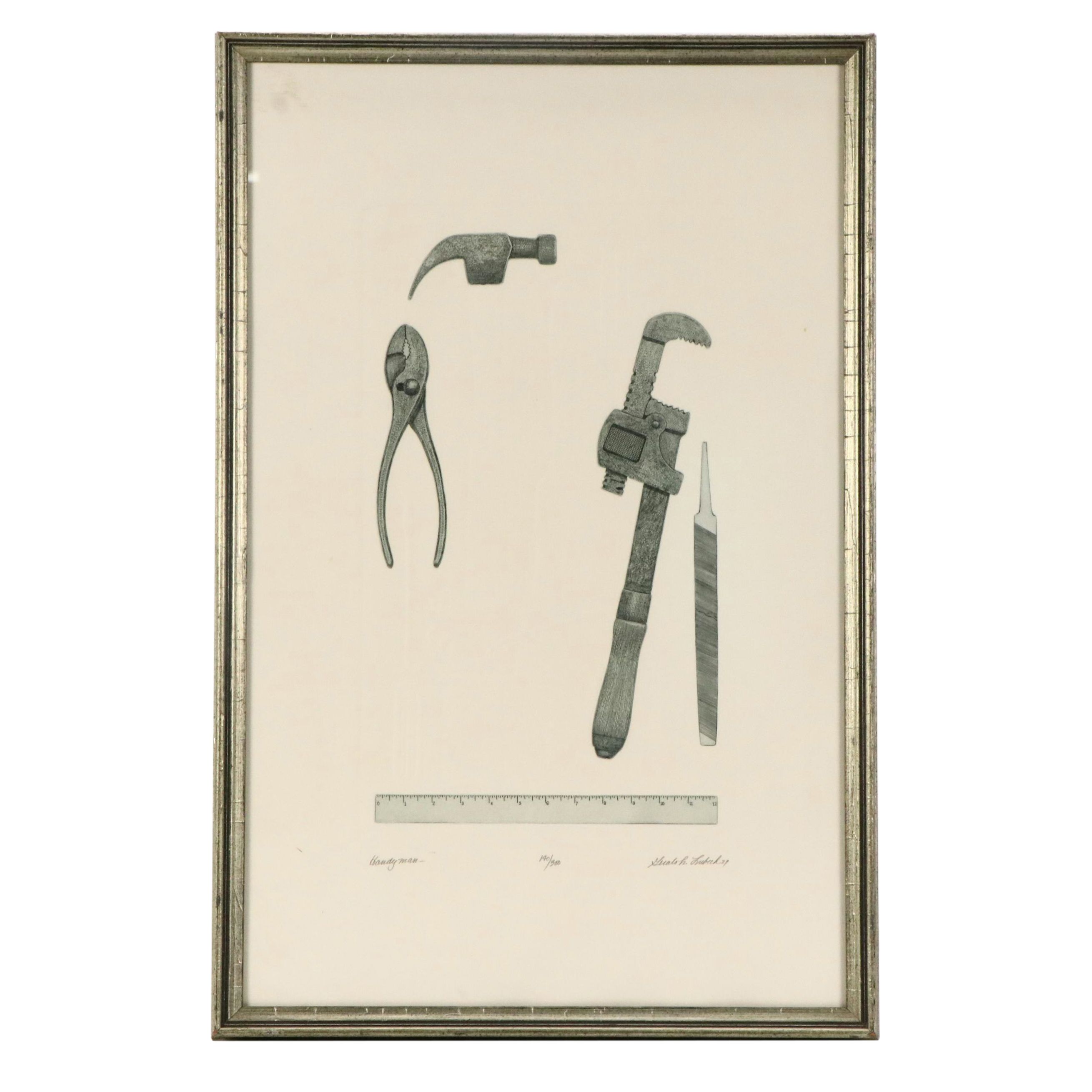Gerald Lubeck Embossed Drypoint Etching "Handyman," 1979