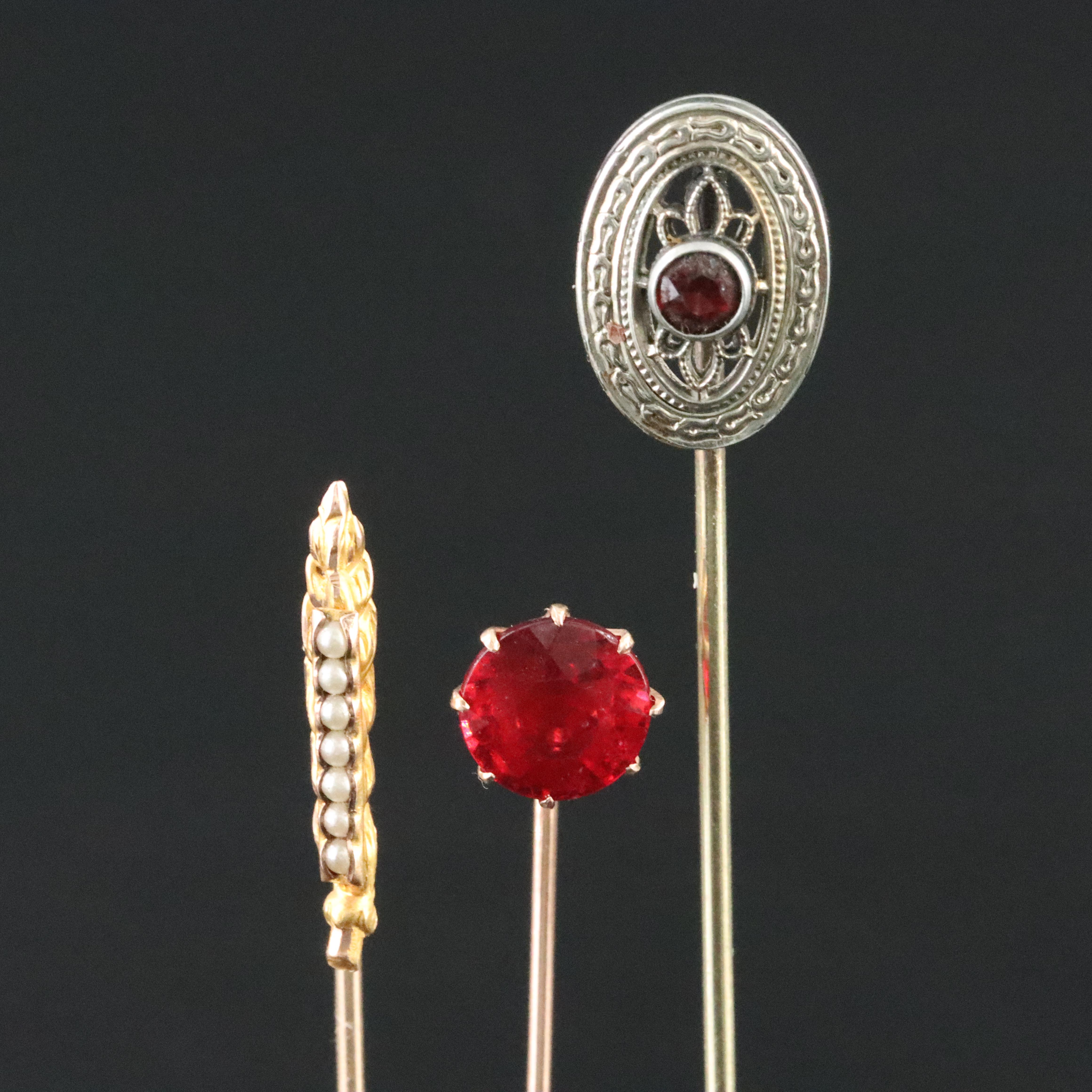 Antique and Vintage 10K Faux Pearl Wheat, Garnet, Glass and Krementz Stickpins