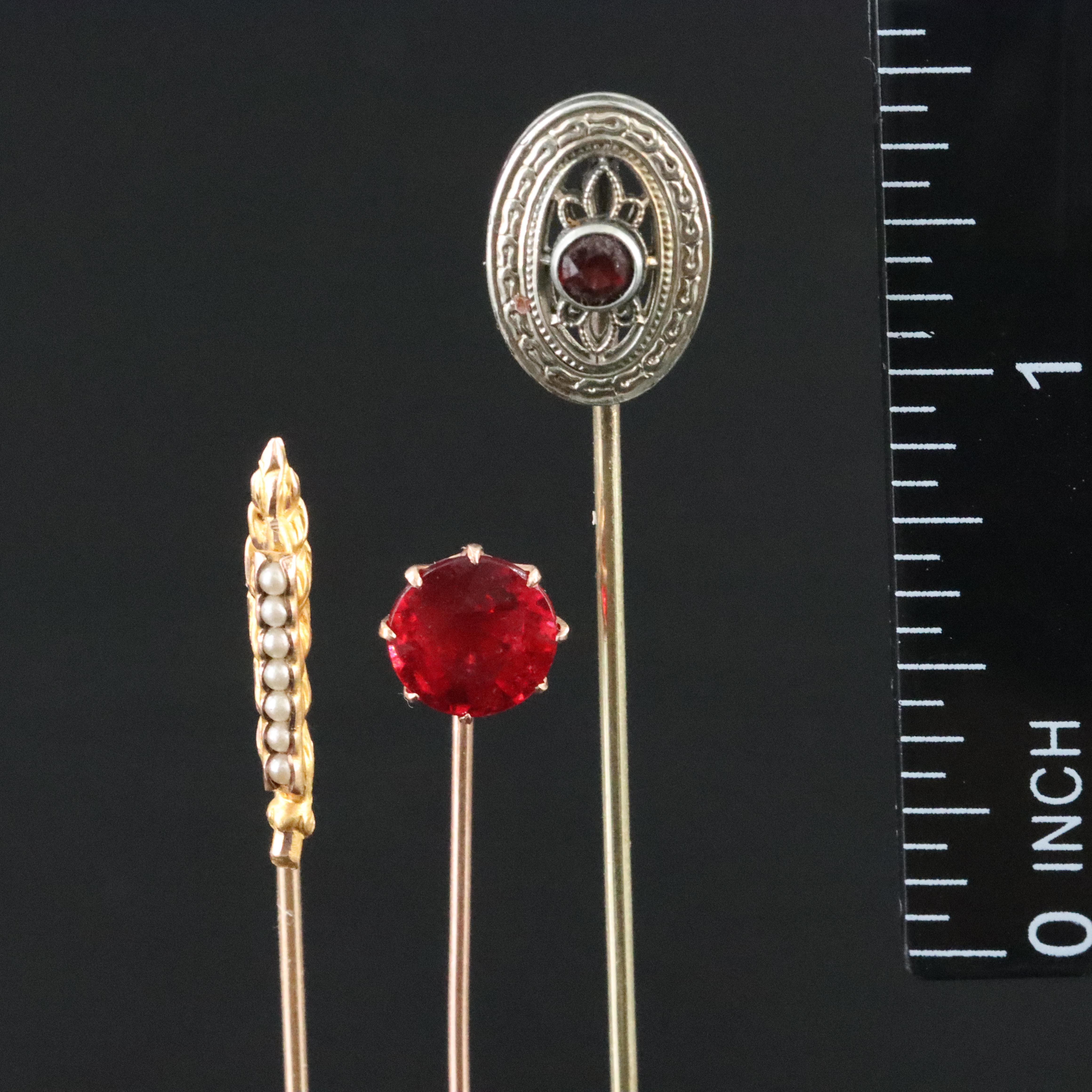 Antique and Vintage 10K Faux Pearl Wheat, Garnet, Glass and Krementz Stickpins