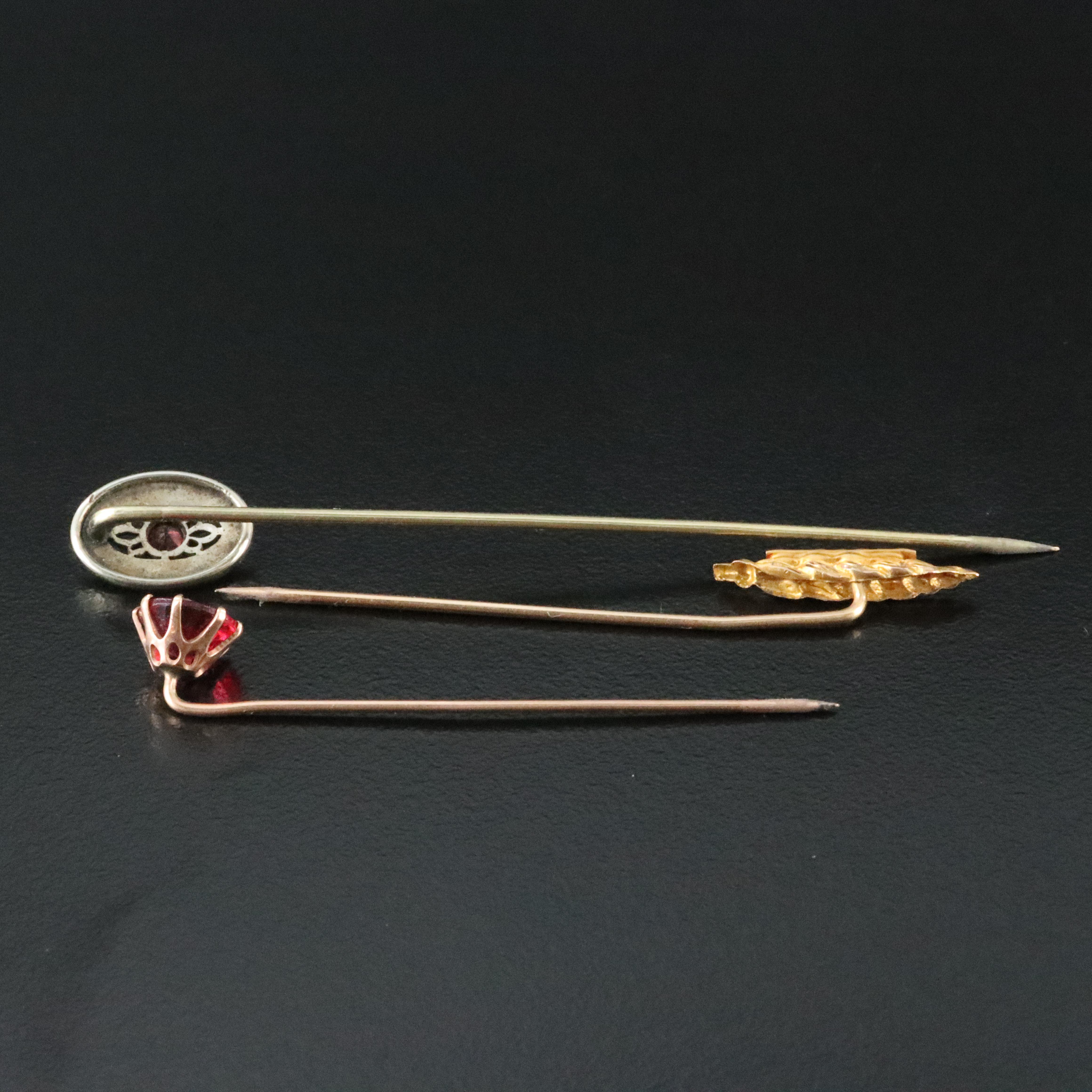 Antique and Vintage 10K Faux Pearl Wheat, Garnet, Glass and Krementz Stickpins