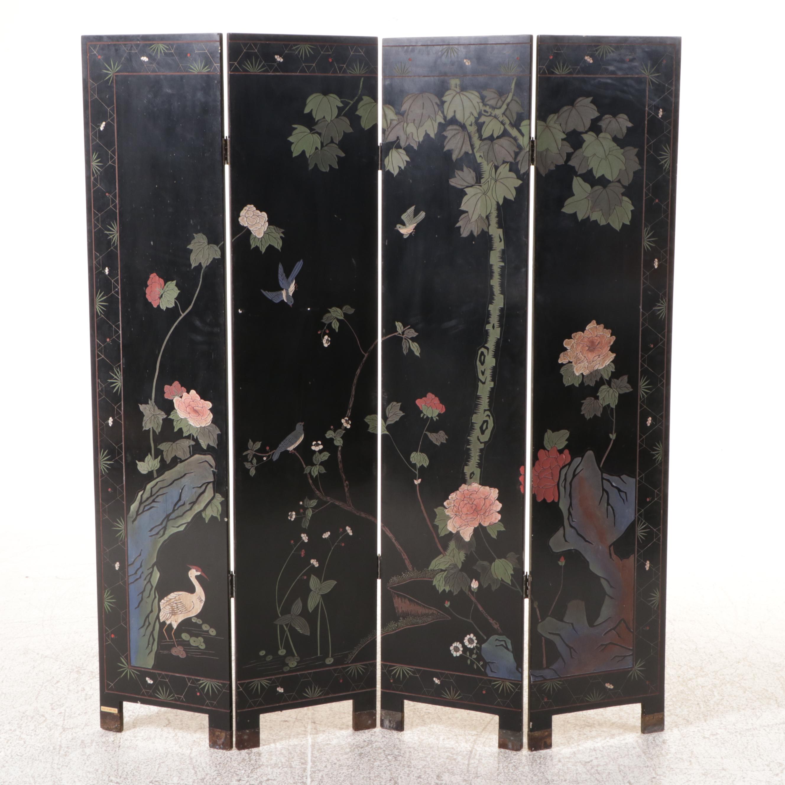 Chinese Lacquer-Decorated Four-Panel Wood Screen