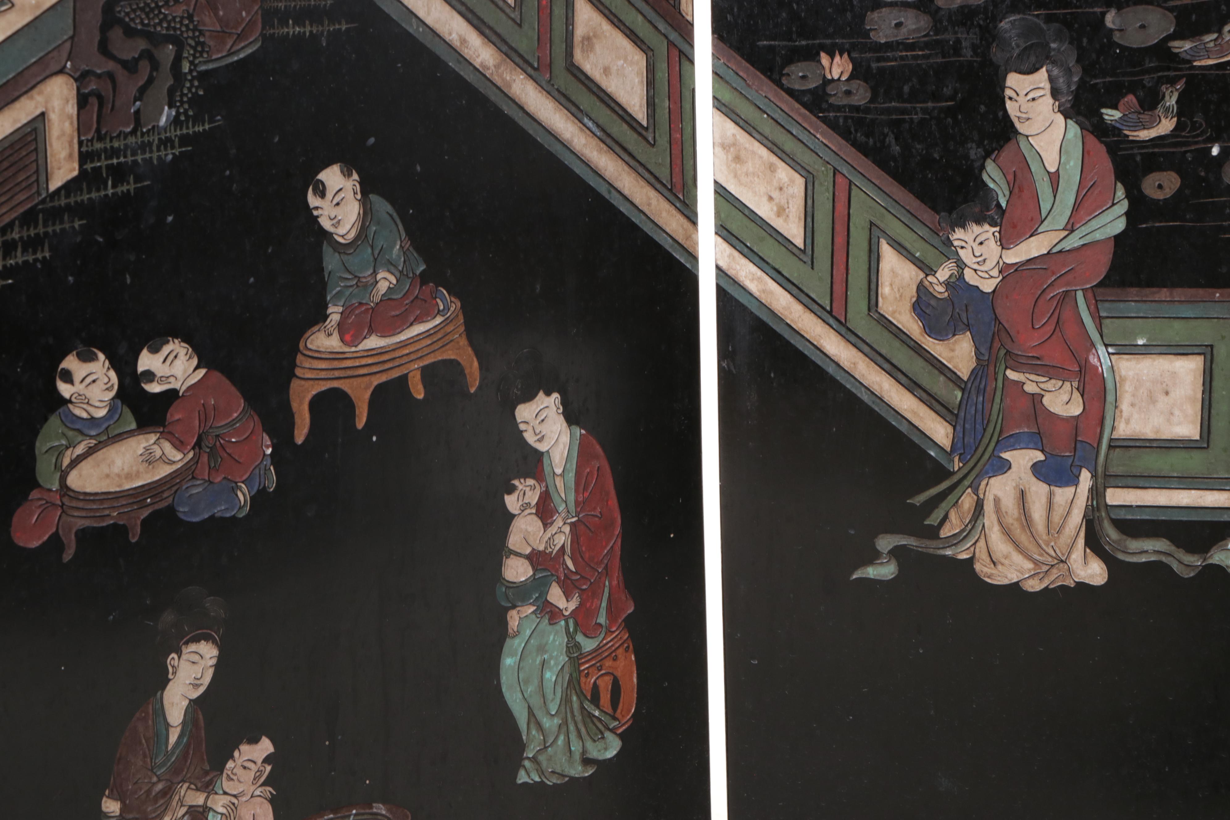 Chinese Lacquer-Decorated Four-Panel Wood Screen