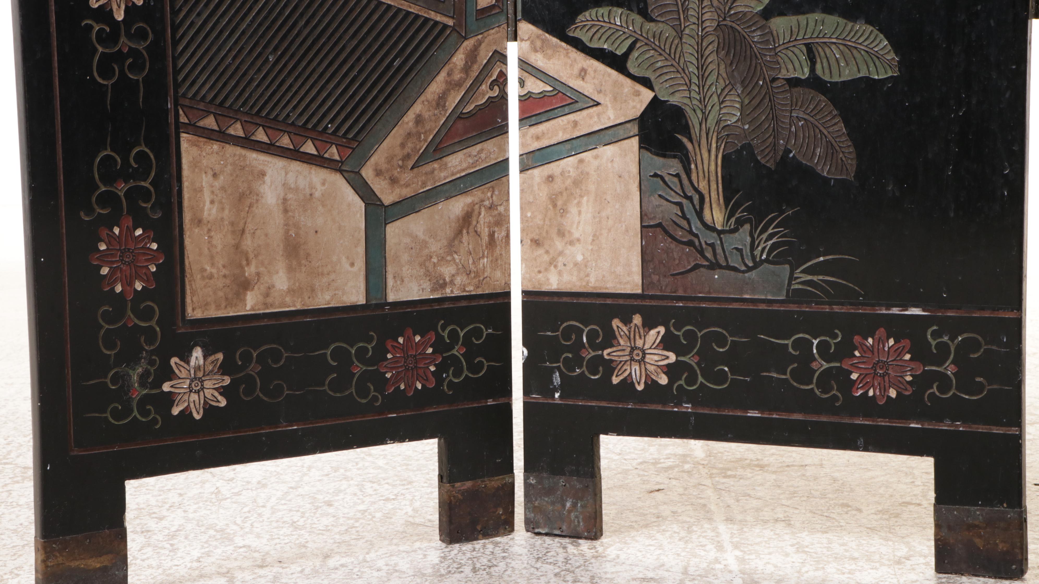 Chinese Lacquer-Decorated Four-Panel Wood Screen