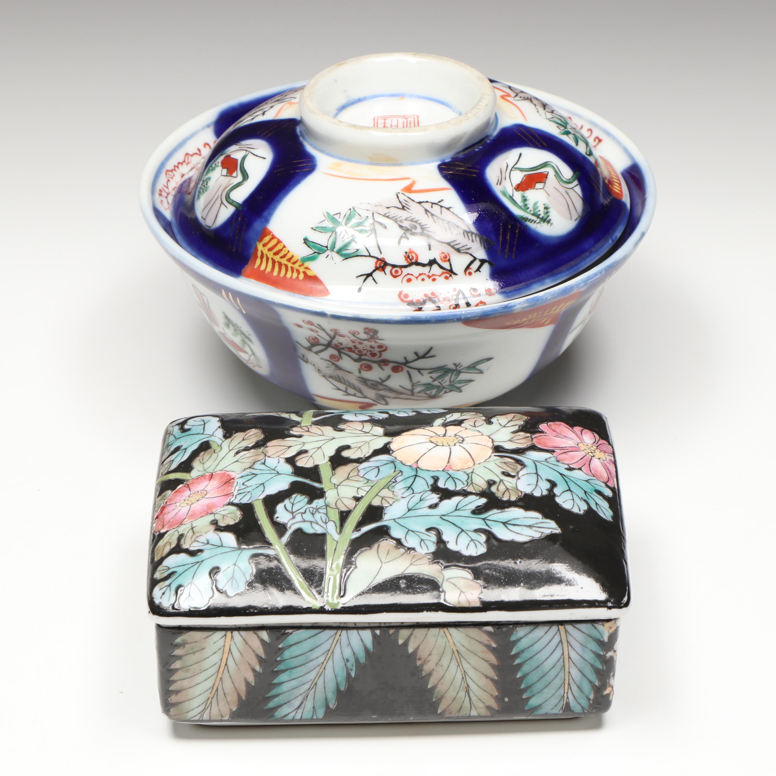 Japanese Imari Style Covered Bowl with Chinese Ceramic Box