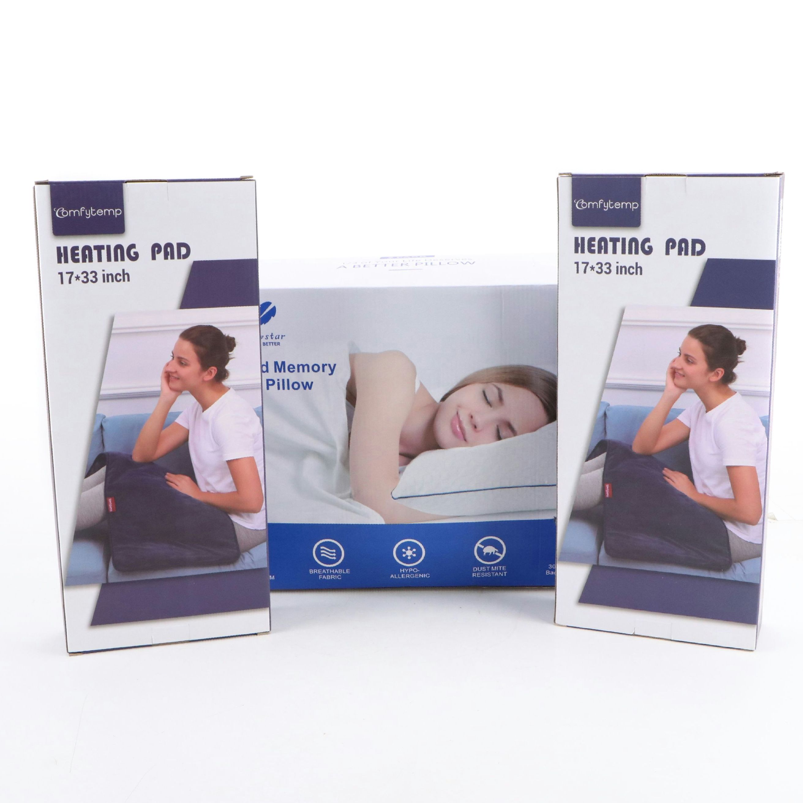 Two Comfy Temp Heating Pads with Viewstar Shredded Memory Foam Pillow
