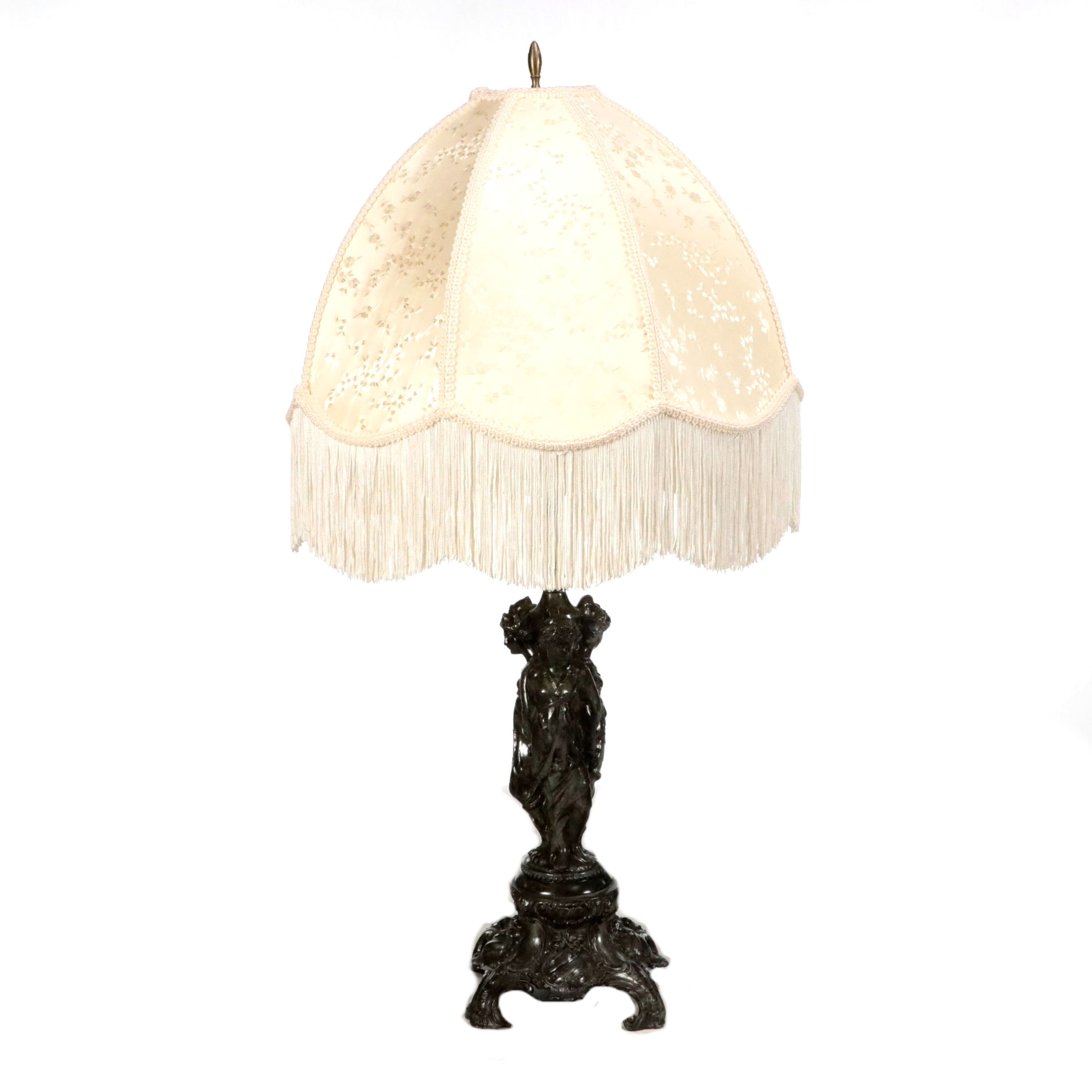 Meyda Tiffany "Three Graces" Table Lamp with Embroidered and Fringed Shade