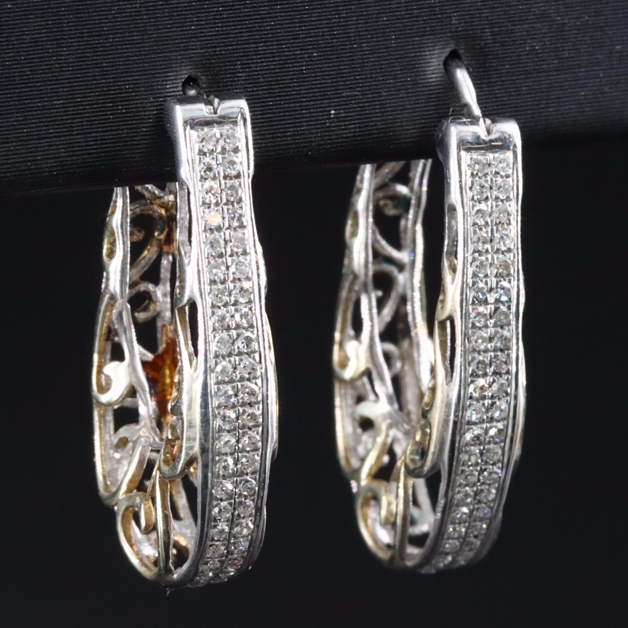 Sterling Diamond Filigree Hoops with 14K Detail