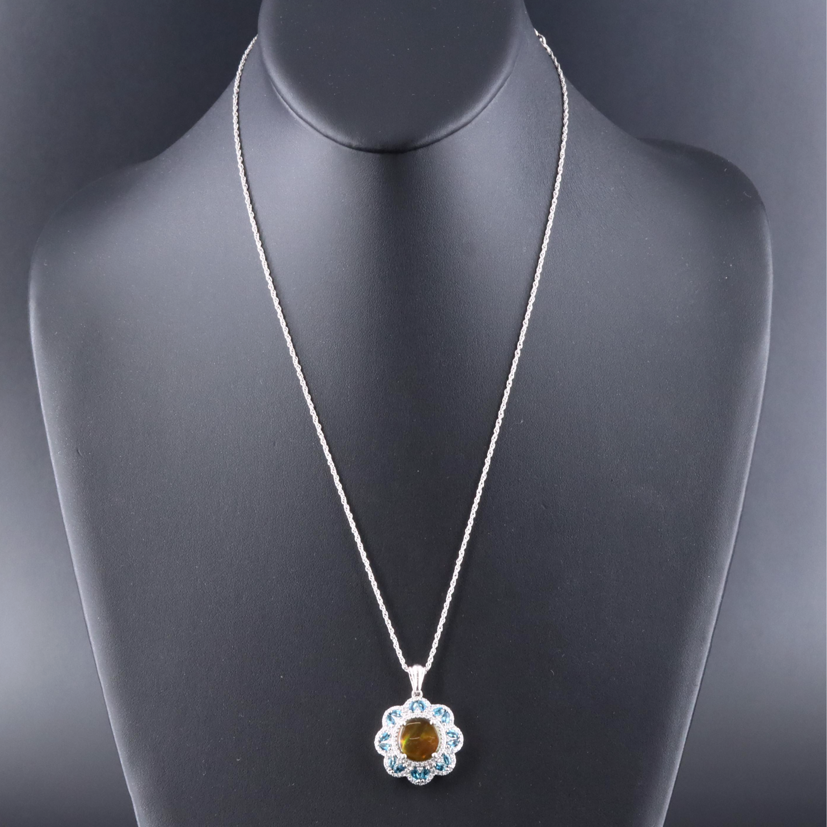 Sterling Ammolite Doublet, Topaz and White Zircon Pendant Necklace